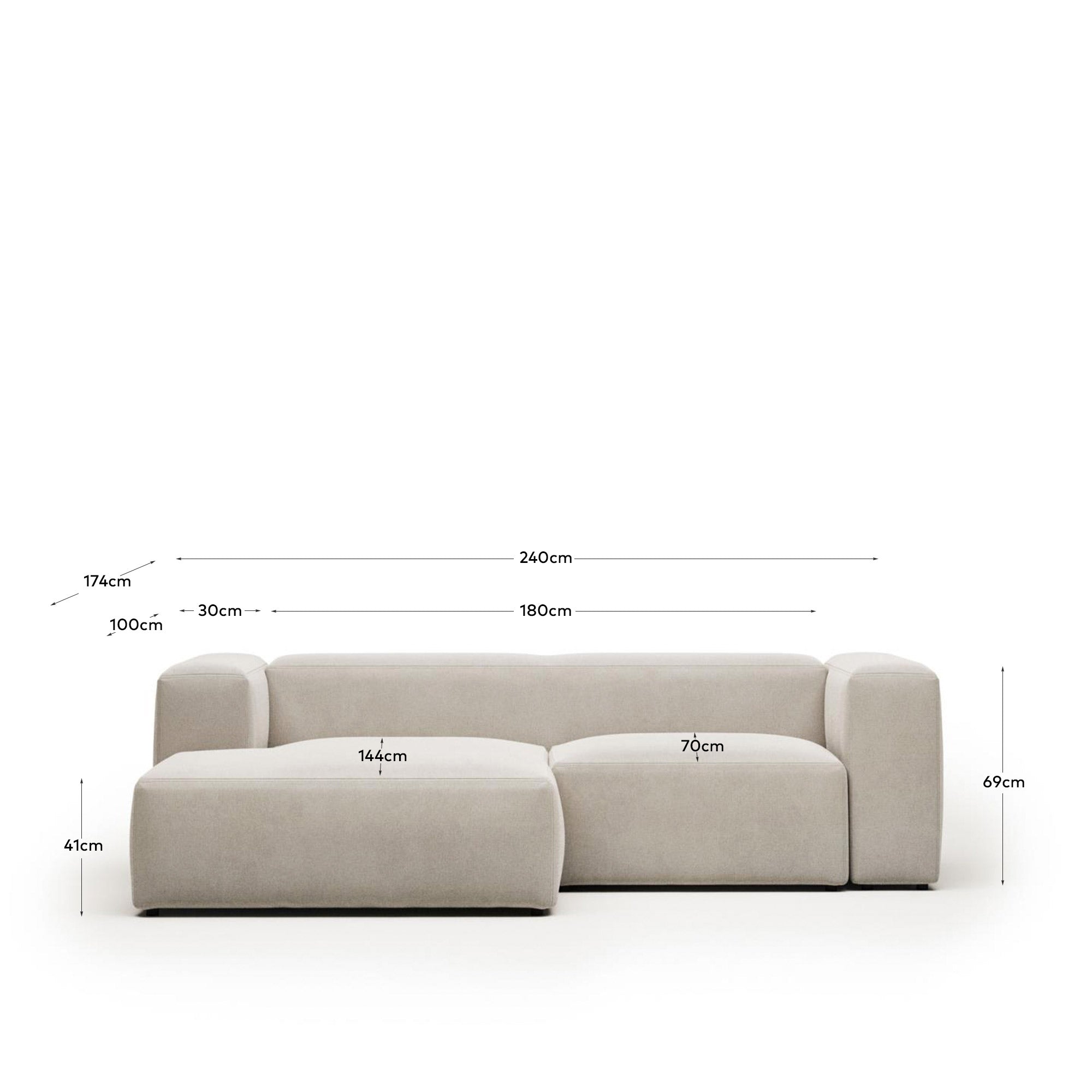 2-Sitzer-Sofa Blok mit Chaiselongue links, schwer entflammbar mit weisser Chenille, 240 cm in Grau präsentiert im Onlineshop von KAQTU Design AG. 2er Sofa ist von Kave Home