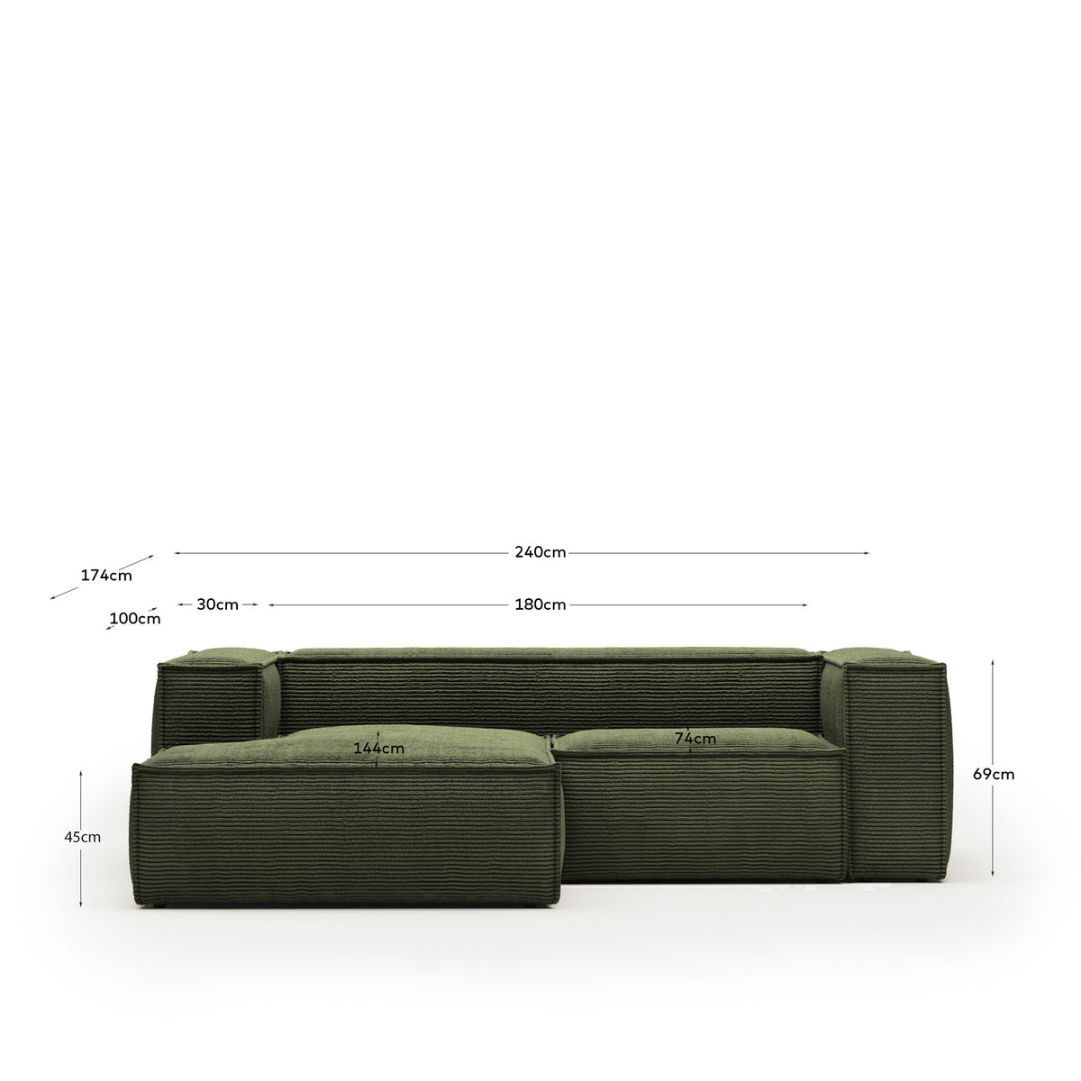 2-Sitzer-Sofa Blok mit dickem, grünem Cord und Chaiselongue links 240 cm FSC Mix Credit in Grün präsentiert im Onlineshop von KAQTU Design AG. L-Sofa links ist von Kave Home