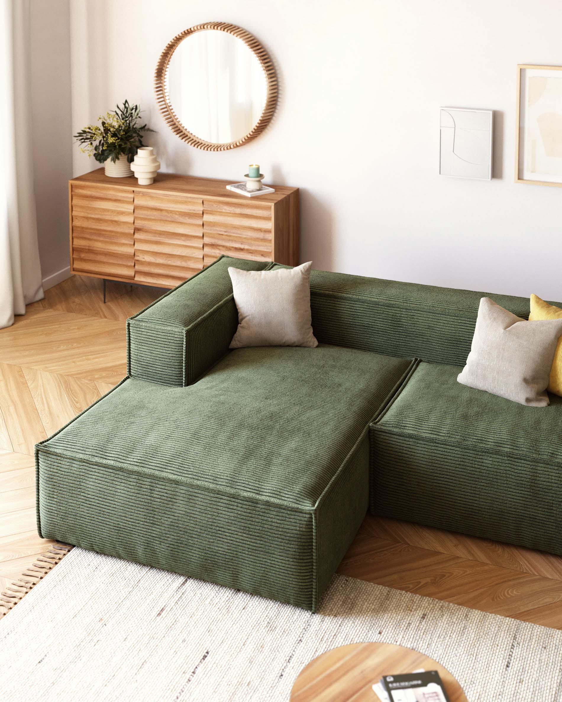 Elegantes 2-Sitzer-Sofa mit linker Chaiselongue, grünem Cordbezug, 240 cm breit, nachhaltig gefertigt mit FSC-Mix-Zertifikat.