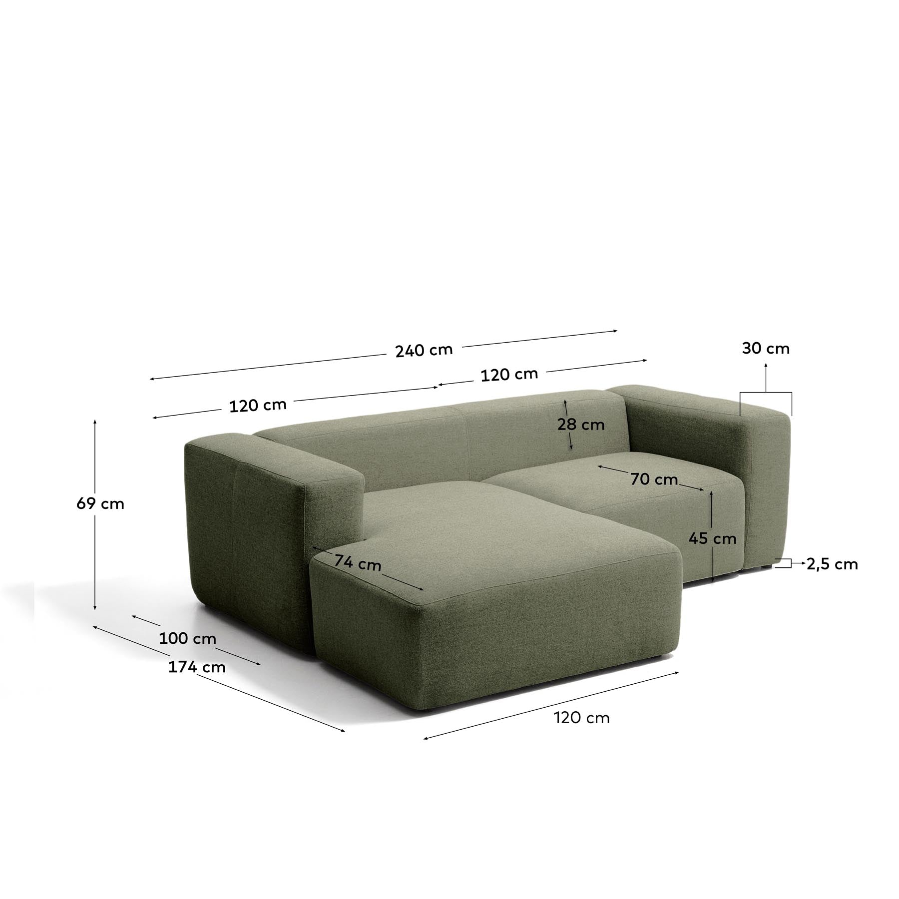 2-Sitzer-Sofa Blok mit Chaiselongue links in moosgrüner Chenille, 240 cm, FSC Mix Credit in Grün präsentiert im Onlineshop von KAQTU Design AG. L-Sofa links ist von Kave Home