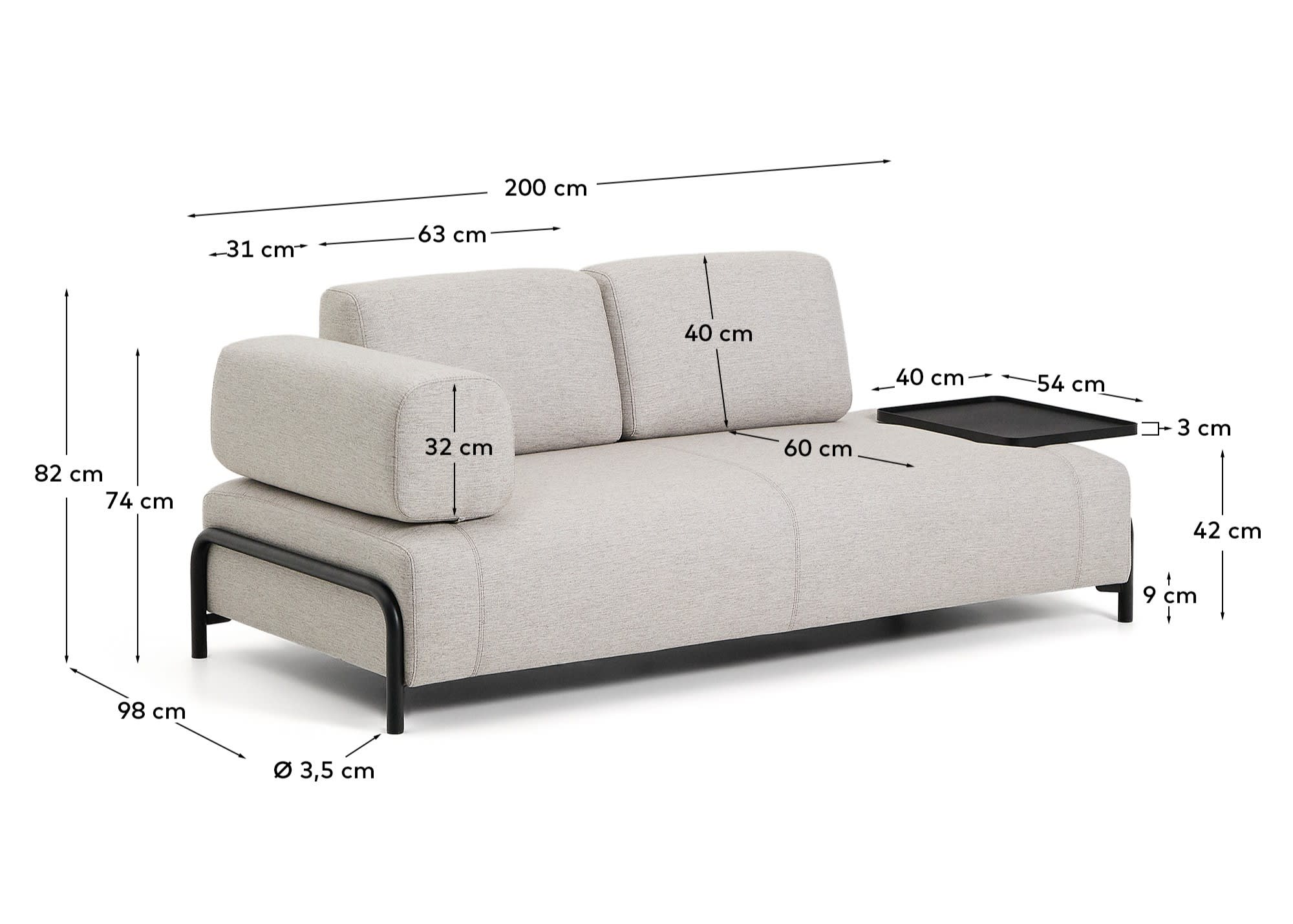 Entdecken Sie das stilvolle 2-Sitzer-Sofa Compo in Graubeige mit praktischem Tablett und robustem Metallgestell – ideal für modernes Wohnen!