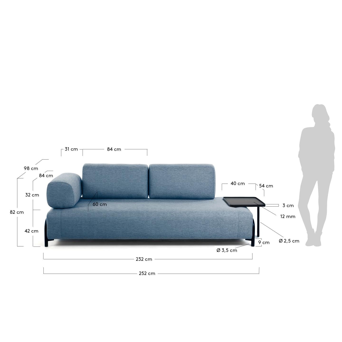 Entdecken Sie das Compo 3-Sitzer Sofa in elegantem Blau von Kave Home – 252 cm pure Entspannung mit praktischem Tablett für jeden Anlass.