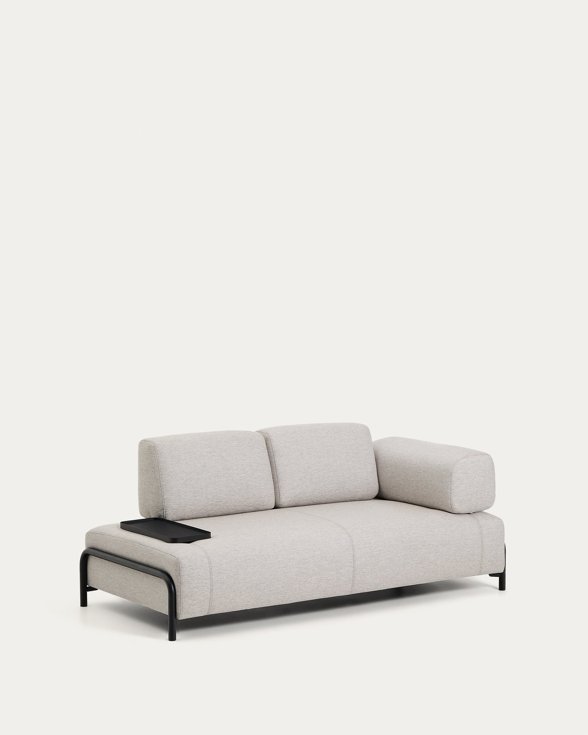 Entdecken Sie das stilvolle 2-Sitzer-Sofa Compo in Graubeige, das mit einem praktischen Tablett und einem stabilen Metallgestell überzeugt – ideal für Ihr Zuhause!