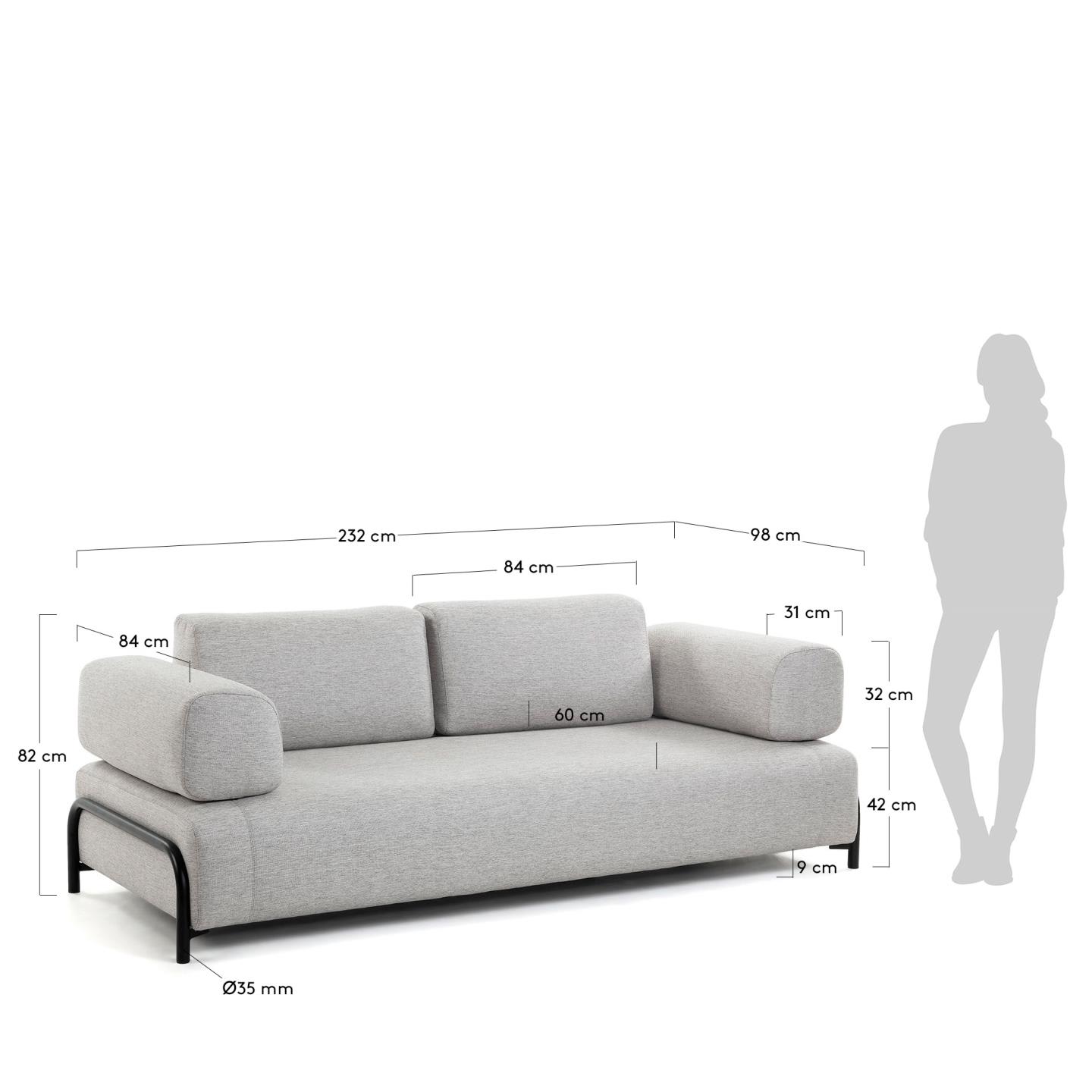Erleben Sie das elegante Compo 3-Sitzer Sofa in beige-grau von Kave Home. Mit 232 cm bietet es Platz für gesellige Stunden und stilvolle Einrichtung.