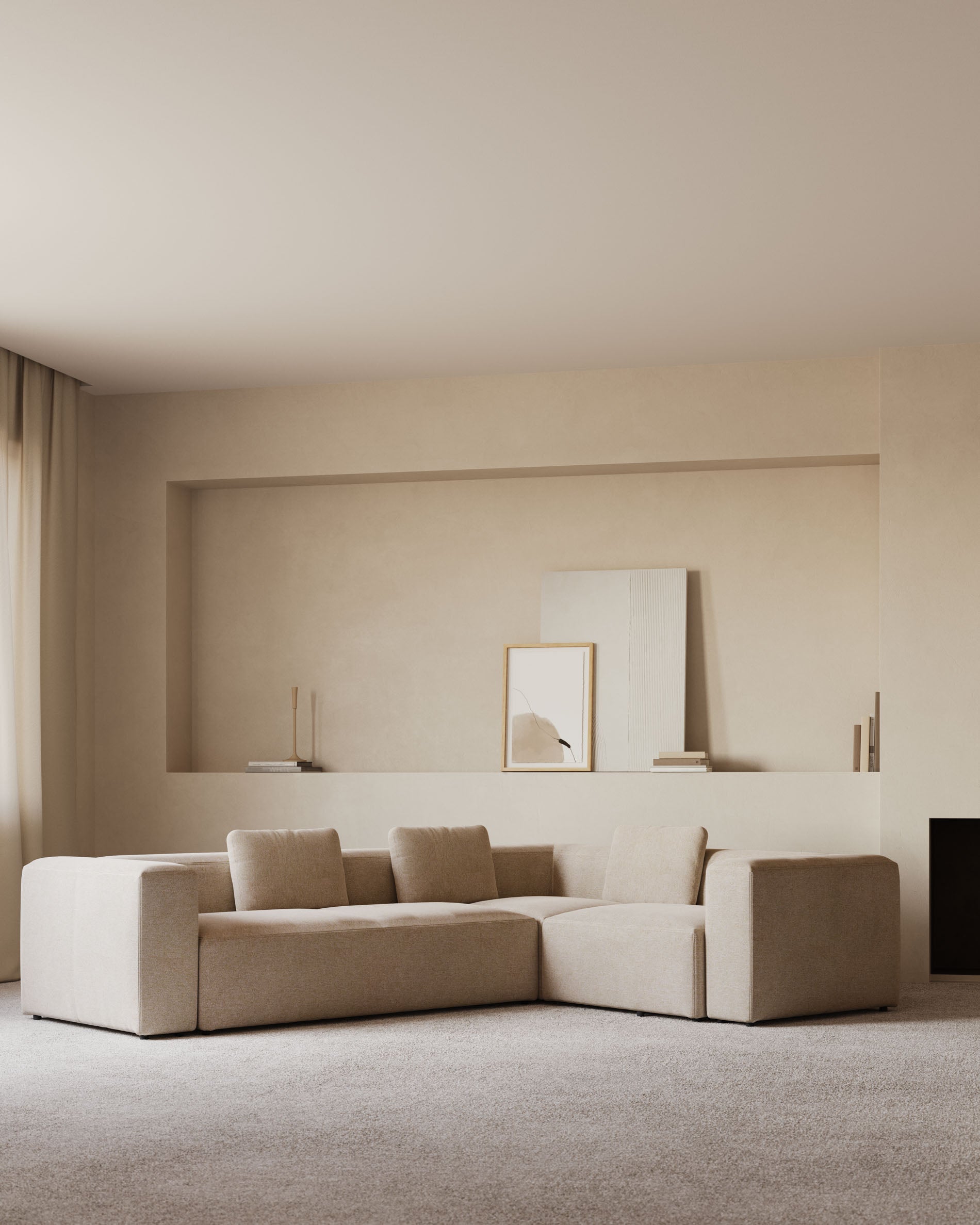 4-Sitzer-Ecksofa Blok, schwer entflammbar mit beiger Chenille, 320 x 230 cm / 230 x 320 cm in Beige präsentiert im Onlineshop von KAQTU Design AG. Ecksofa ist von Kave Home
