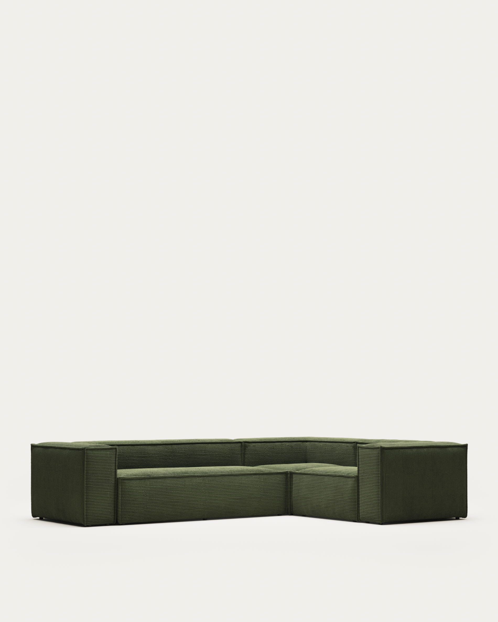 3D-Modell eines grünen Cord-Ecksofas, 4-Sitzer, 320x230 cm, elegant und flexibel für stilvolle Wohnzimmer.