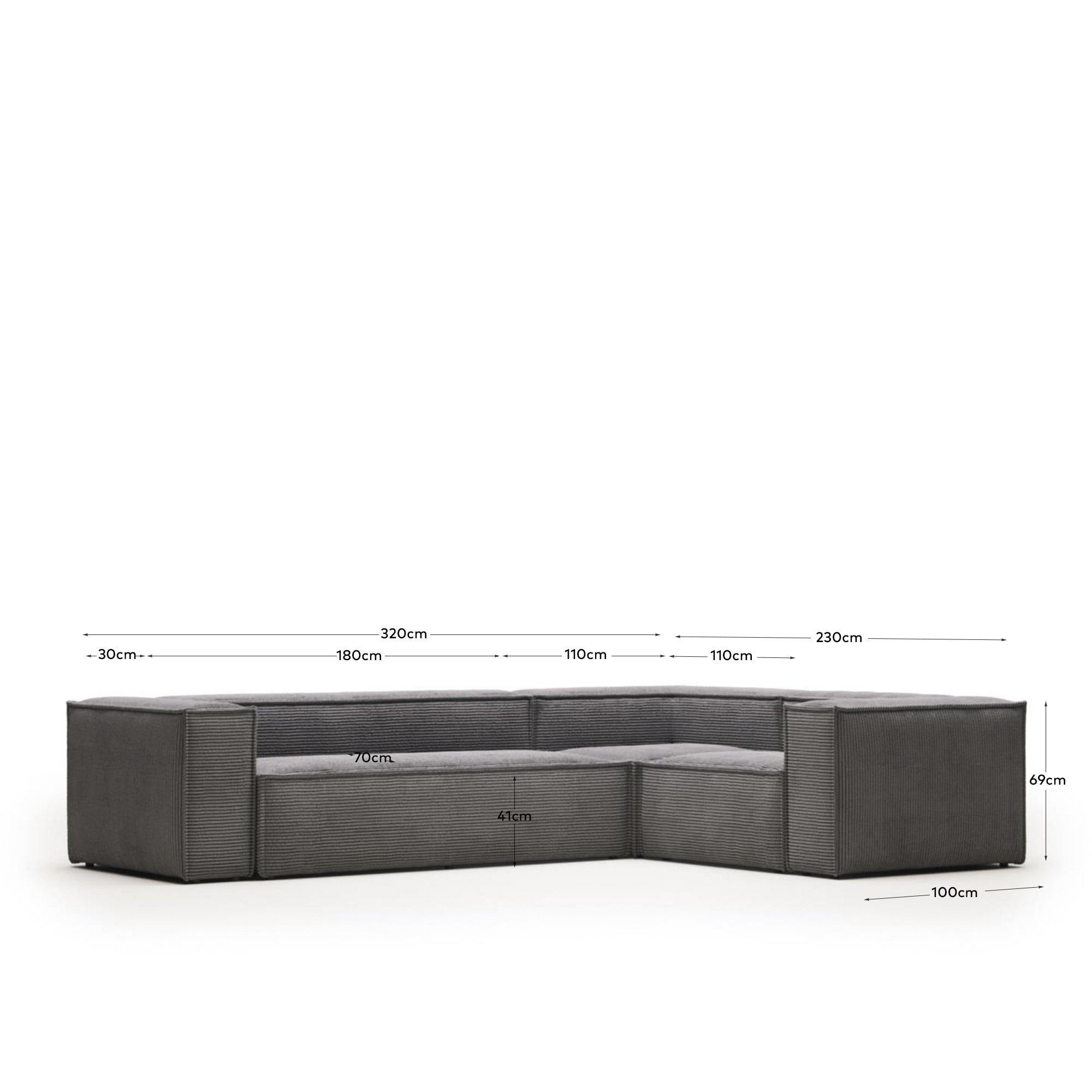Blok 4-Sitzer-Ecksofa breiter Cord grau 320 x 230 cm / 230 x 320 cm FR in Grau präsentiert im Onlineshop von KAQTU Design AG. Ecksofa ist von Kave Home