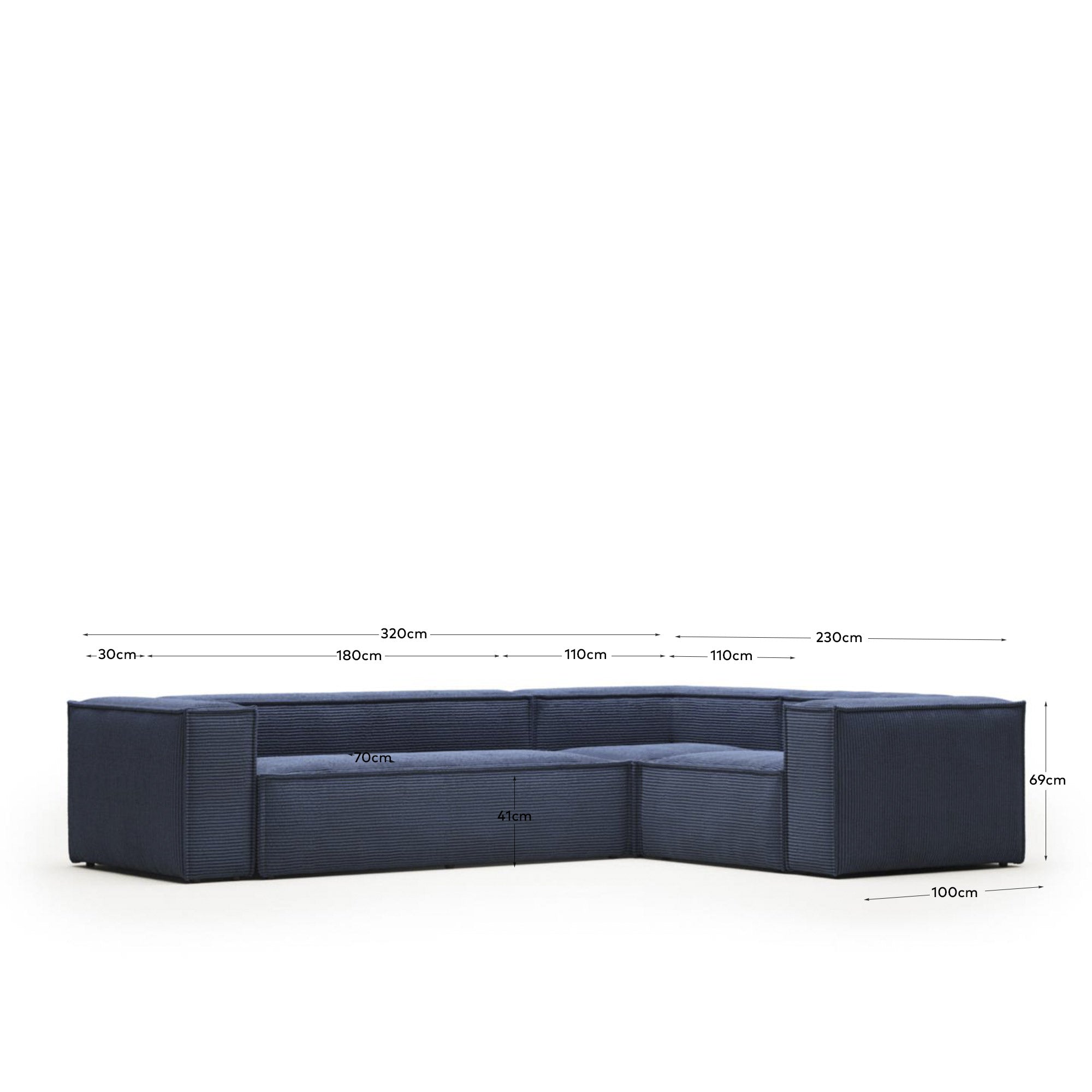Blok 4-Sitzer-Ecksofa breiter Cord blau 320 x 230 cm / 230 x 320 cm FR in Blau präsentiert im Onlineshop von KAQTU Design AG. Ecksofa ist von Kave Home