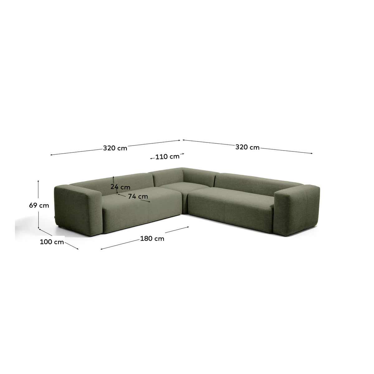 5-Sitzer-Ecksofa Blok in moosgrüner Chenille, 320 x 320 cm, FSC Mix Credit in Grün präsentiert im Onlineshop von KAQTU Design AG. Ecksofa ist von Kave Home