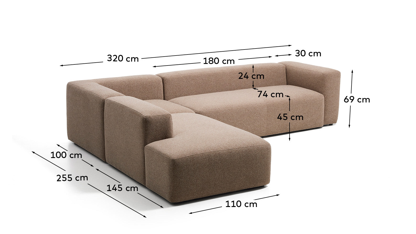 5-Sitzer-Ecksofa Blok mit Randmodul links in brauner Chenille, 255 x 320 cm, FSC Mix Credit in Taupe präsentiert im Onlineshop von KAQTU Design AG. L-Sofa links ist von Kave Home