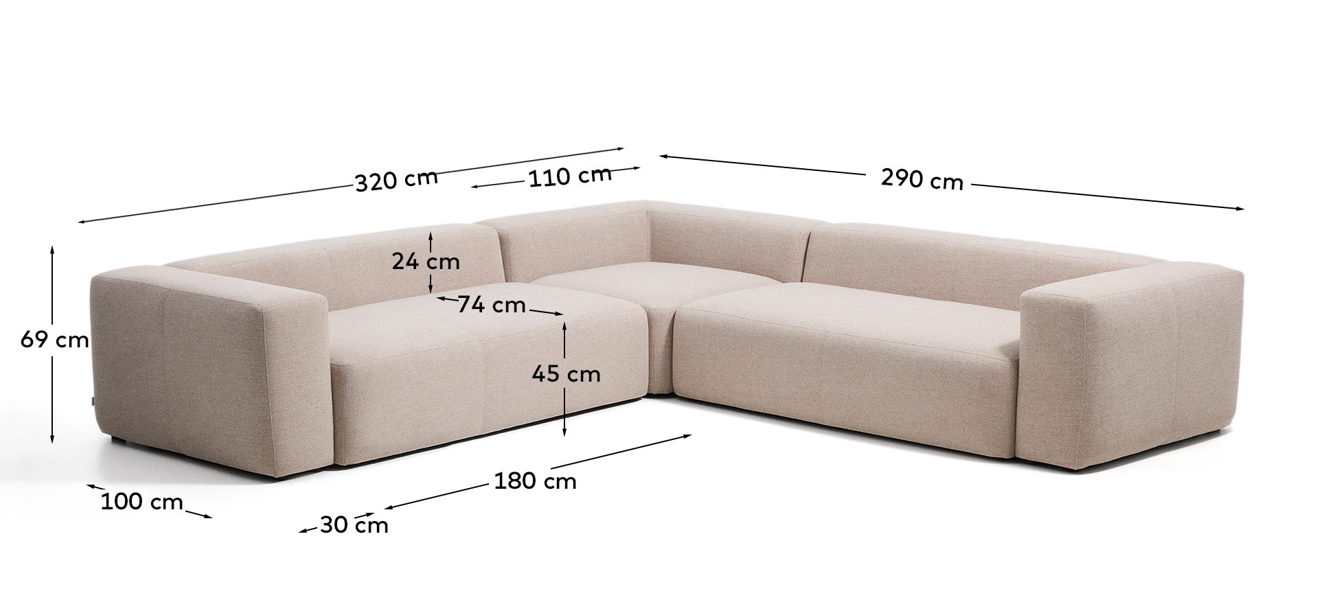 5-Sitzer-Ecksofa Blok in beiger Chenille, 320 x 290 cm / 290 x 320 cm, FSC Mix Credit in Beige präsentiert im Onlineshop von KAQTU Design AG. Ecksofa ist von Kave Home