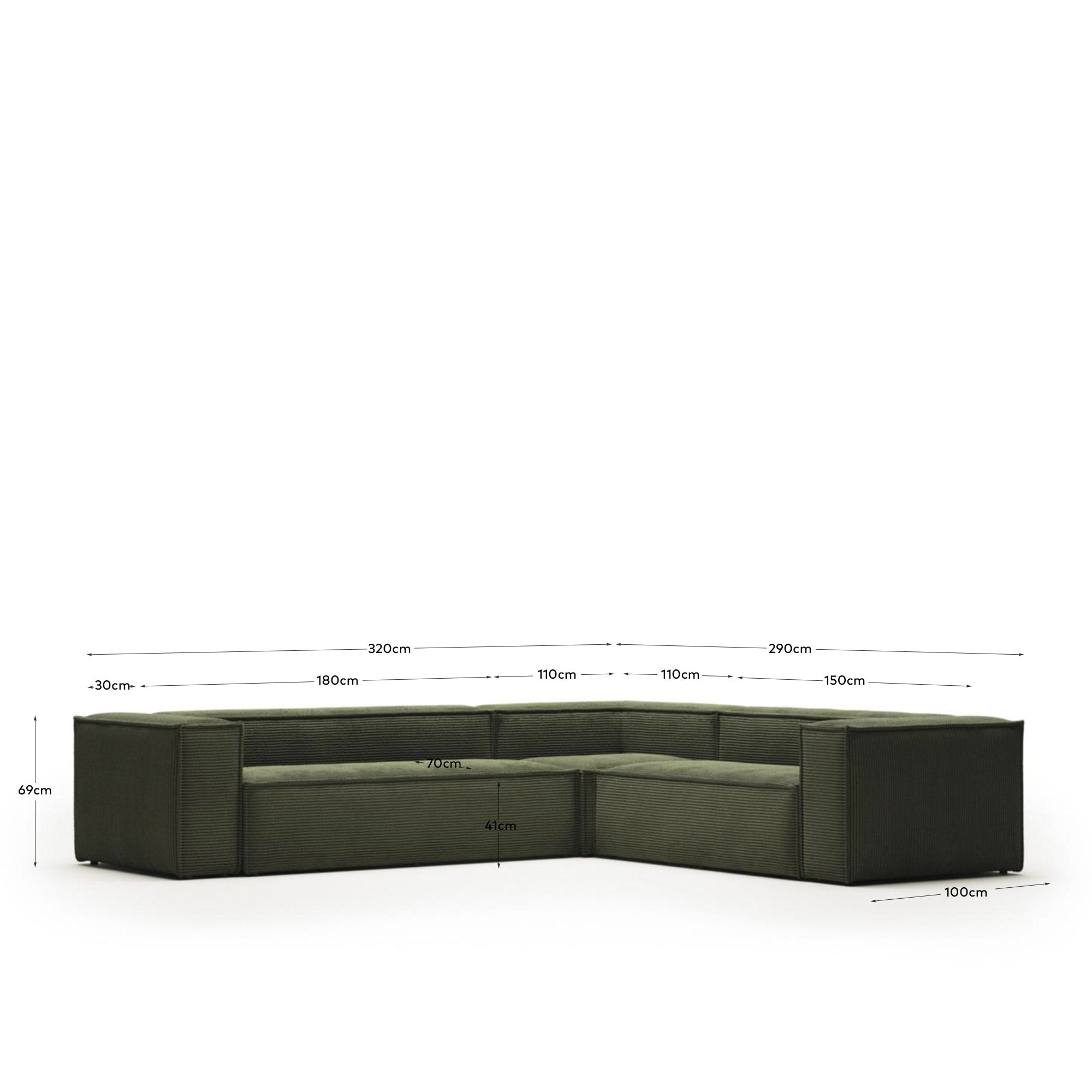 5-Sitzer-Ecksofa Blok, schwer entflammbar mit dickem, grünem Cord, 320 x 290 cm / 290 x 320 cm, FSC Mix Credit in Grün präsentiert im Onlineshop von KAQTU Design AG. Ecksofa ist von Kave Home