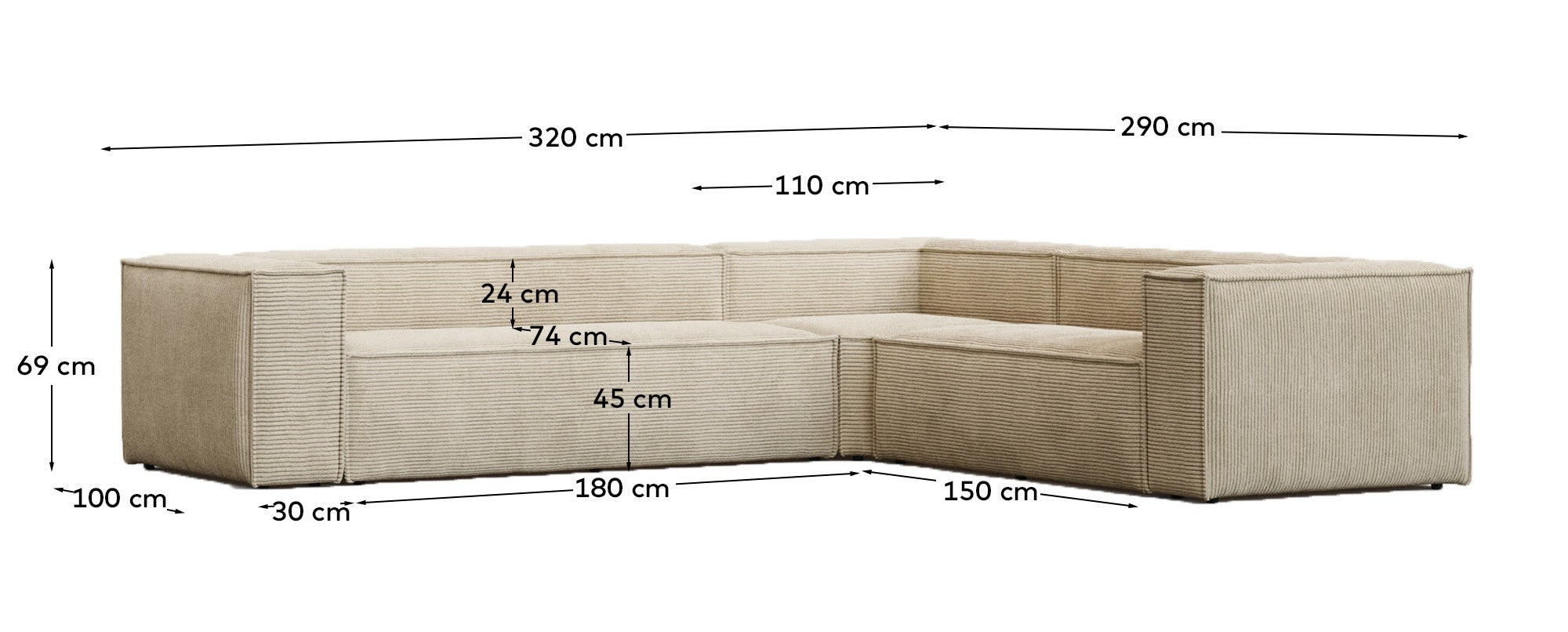 5-Sitzer-Ecksofa Blok schwer entflammbar mit dickem Cord in Ecru 320 x 290 cm / 290 x 320 cm FSC Mix Credit in Ecru präsentiert im Onlineshop von KAQTU Design AG. Ecksofa ist von Kave Home