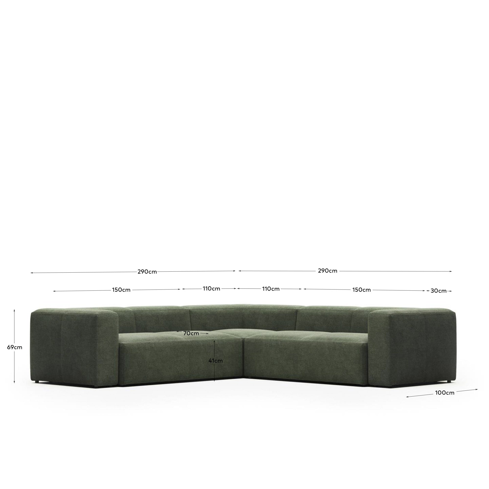 4-Sitzer-Ecksofa Blok, schwer entflammbar mit grüner Chenille, 290 x 290 cm in Grün präsentiert im Onlineshop von KAQTU Design AG. Ecksofa ist von Kave Home