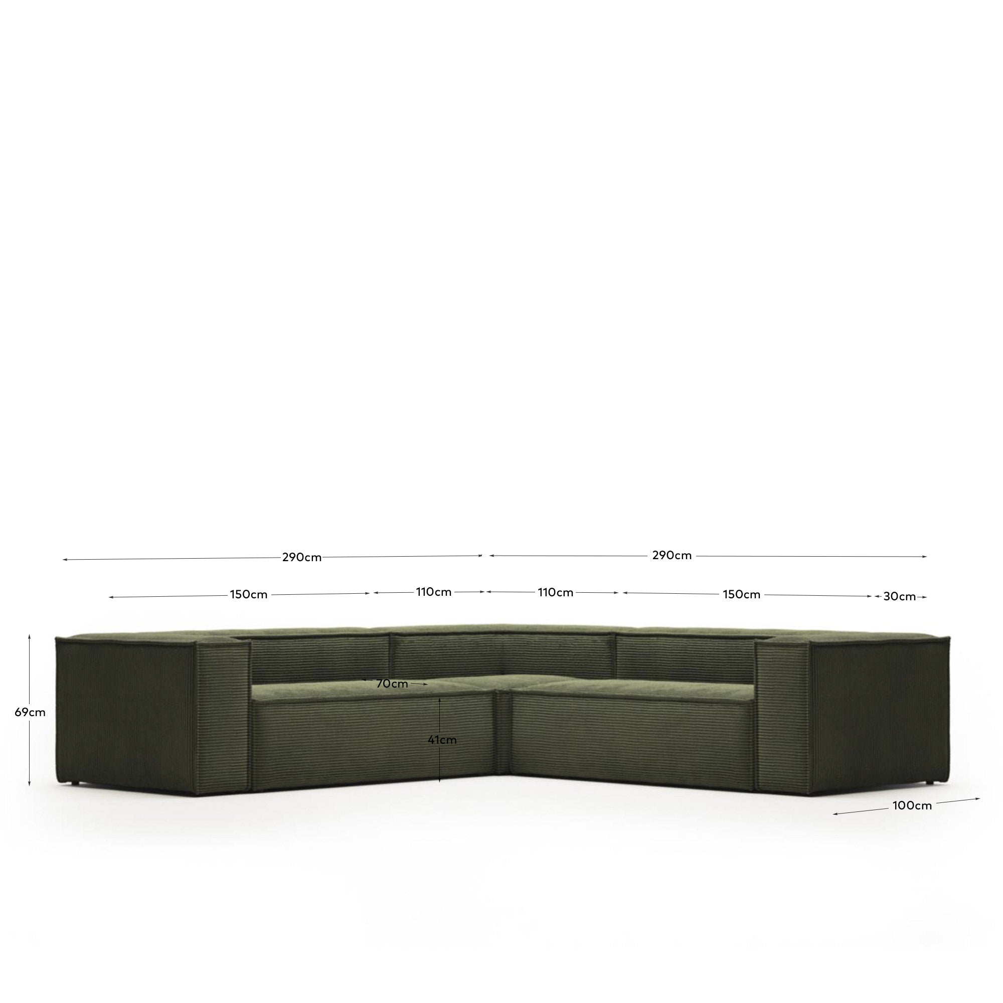 4-Sitzer-Ecksofa Blok, schwer entflammbar mit dickem, grünen Cord, 290 x 290 cm, FSC Mix Credit in Grün präsentiert im Onlineshop von KAQTU Design AG. Ecksofa ist von Kave Home