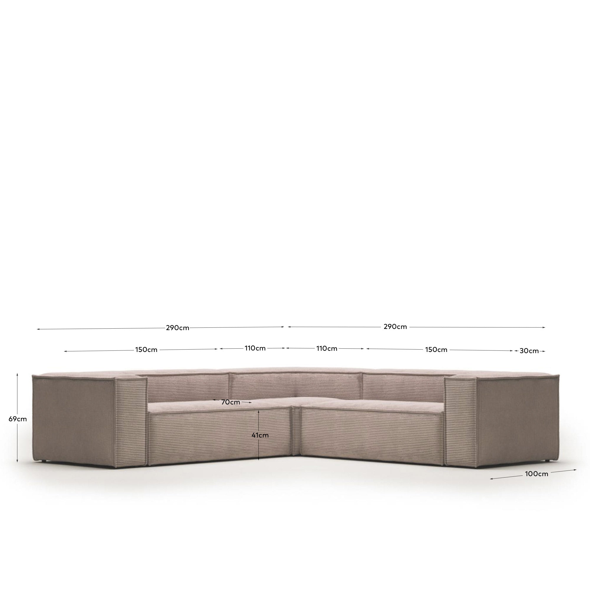 4-Sitzer-Ecksofa Blok, schwer entflammbar mit dickem, rosafarbenem Cord, 290 x 290 cm, FSC Mix Credit in Rosa präsentiert im Onlineshop von KAQTU Design AG. Ecksofa ist von Kave Home