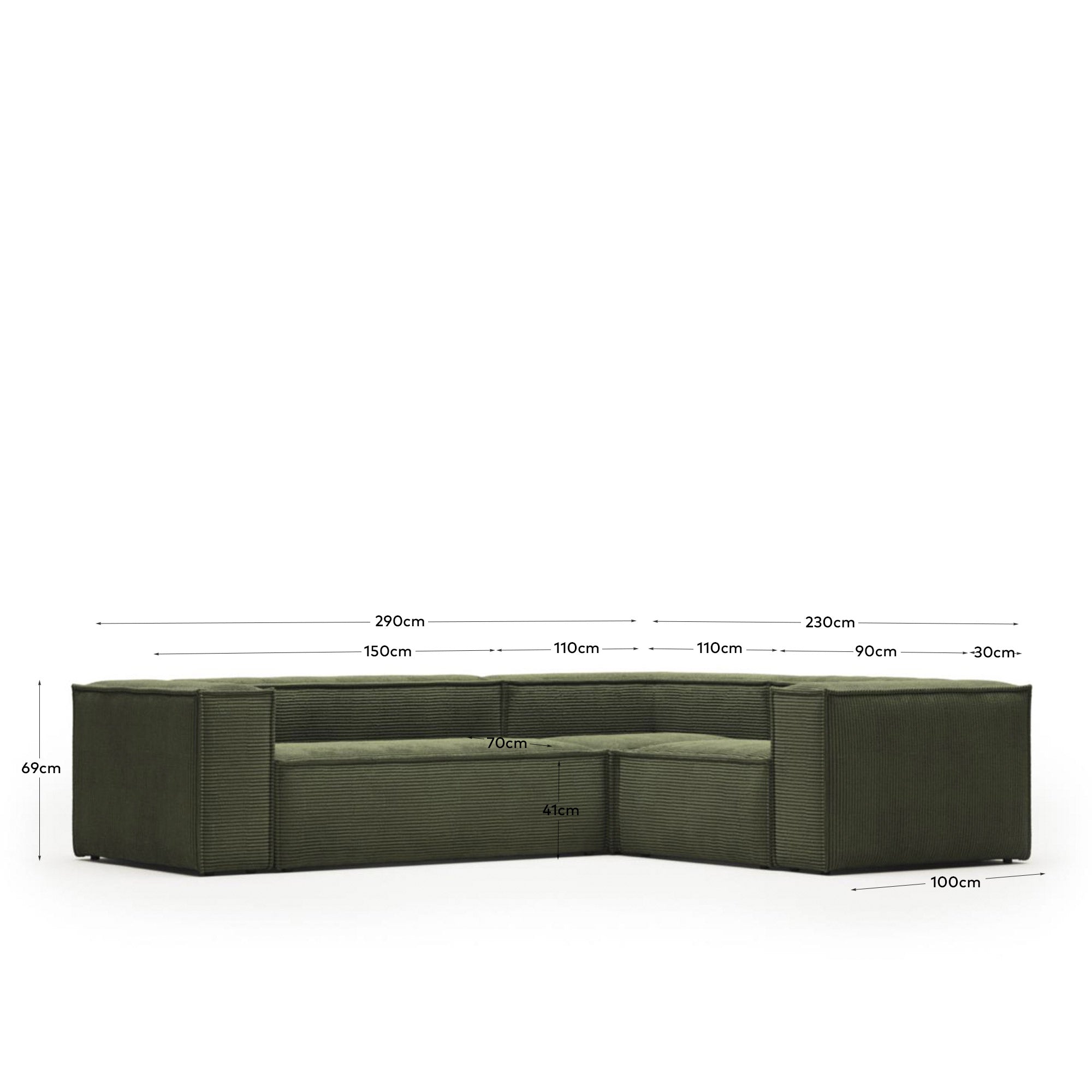 3-Sitzer-Ecksofa Blok, schwer entflammbar mit dickem, grünem Cord, 290 x 230 cm / 230 x 290 cm, FSC Mix Credit in Grün präsentiert im Onlineshop von KAQTU Design AG. Ecksofa ist von Kave Home