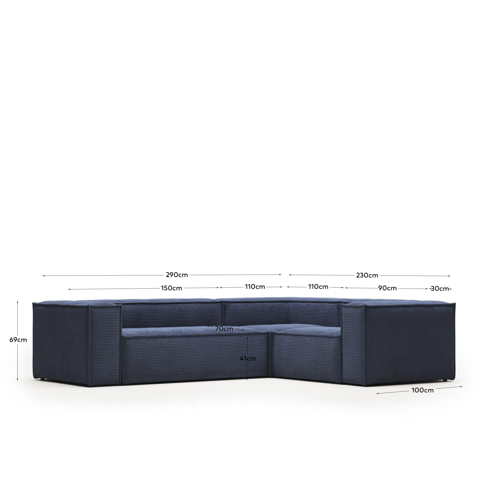 3-Sitzer-Ecksofa Blok, schwer entflammbar mit dickem, blauem Cord, 90 x 230 cm / 230 x 290 cm, FSC Mix Credit in Blau präsentiert im Onlineshop von KAQTU Design AG. Ecksofa ist von Kave Home