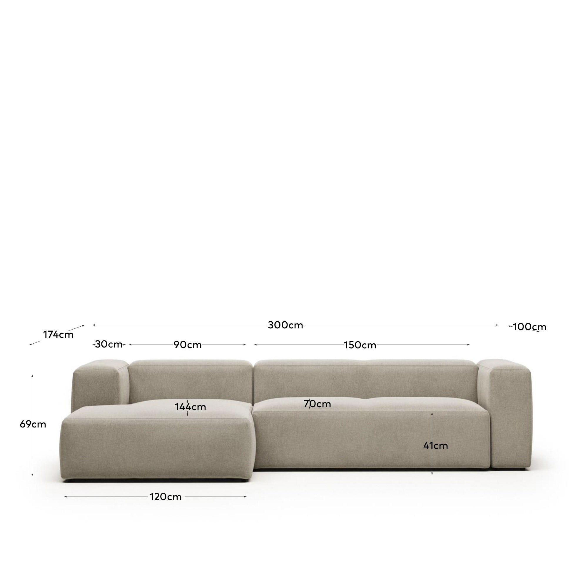 3-Sitzer-Sofa Blok mit Chaiselongue links, schwer entflammbar mit beiger Chenille, 300 cm in Beige präsentiert im Onlineshop von KAQTU Design AG. 3er Sofa ist von Kave Home