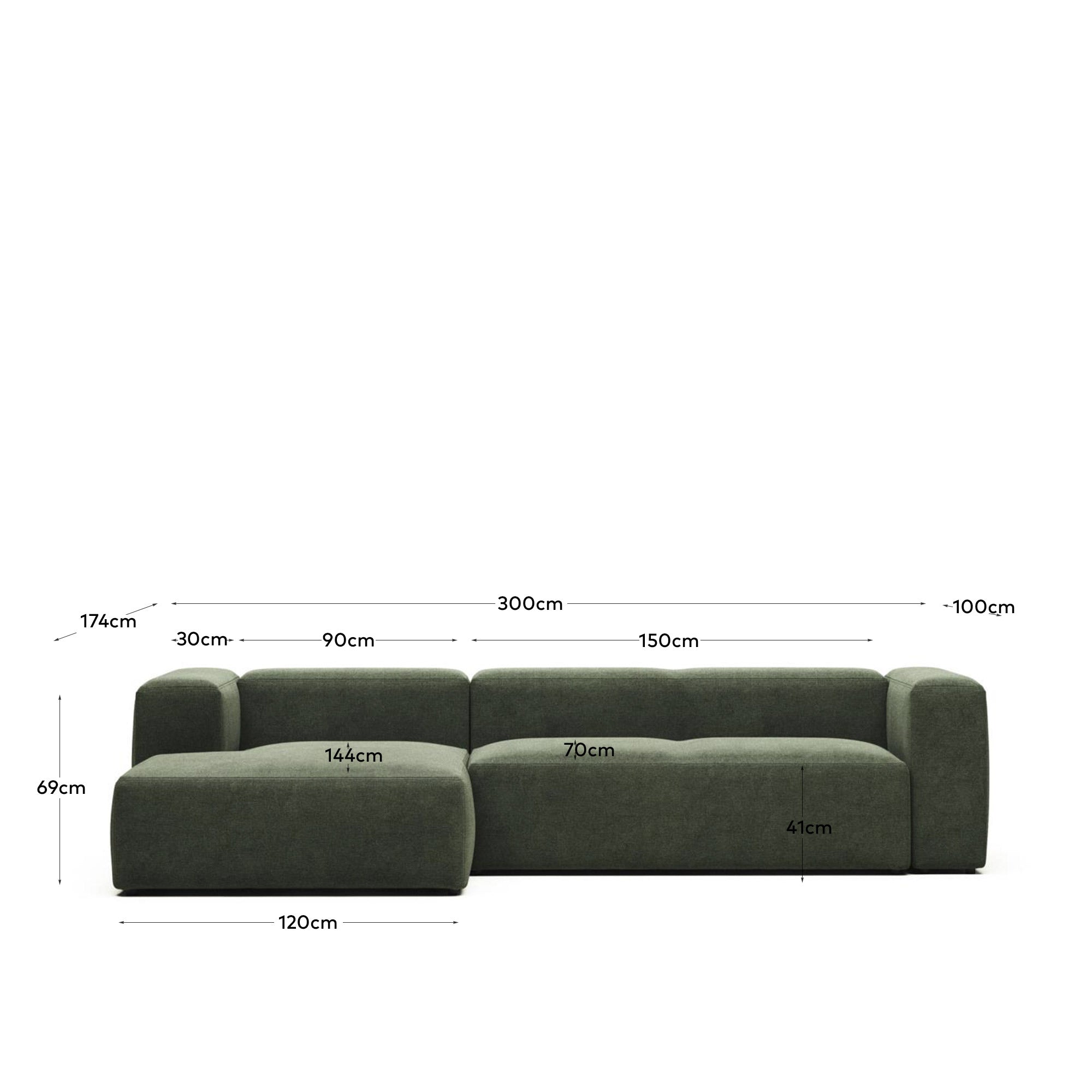 3-Sitzer-Sofa Blok mit Chaiselongue links, schwer entflammbar mit grüner Chenille, 300 cm in Grün präsentiert im Onlineshop von KAQTU Design AG. 3er Sofa ist von Kave Home