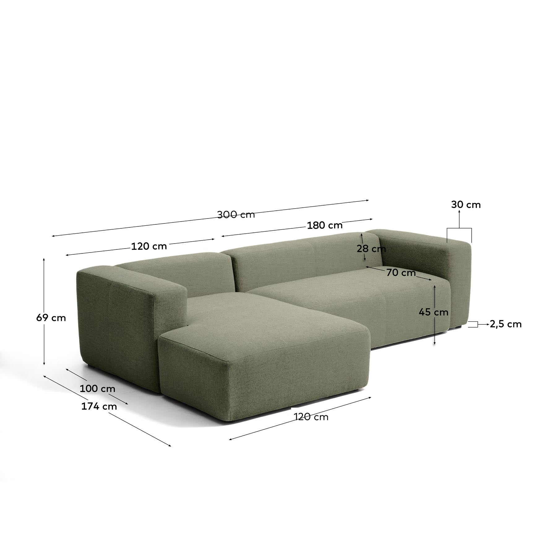 3-Sitzer-Sofa Blok mit Chaiselongue links in moosgrüner Chenille, 300 cm, FSC Mix Credit in Dunkelgrün präsentiert im Onlineshop von KAQTU Design AG. L-Sofa links ist von Kave Home