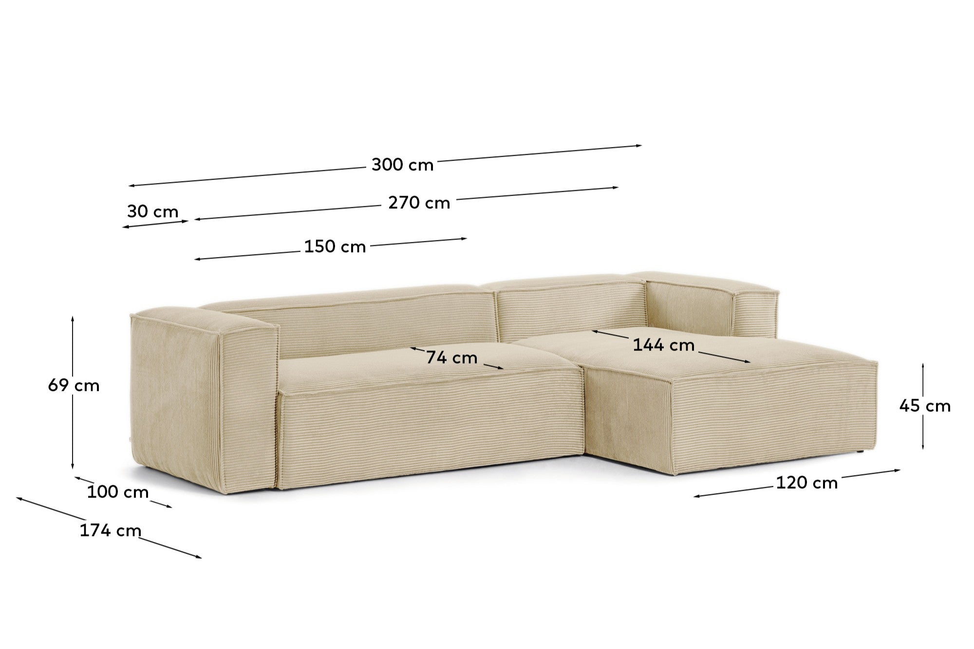 3-Sitzer-Sofa Blok mit dickem Cord in Naturfarbe und Chaiselongue rechts 300 cm FSC Mix Credit in Ecru präsentiert im Onlineshop von KAQTU Design AG. 3er Sofa ist von Kave Home