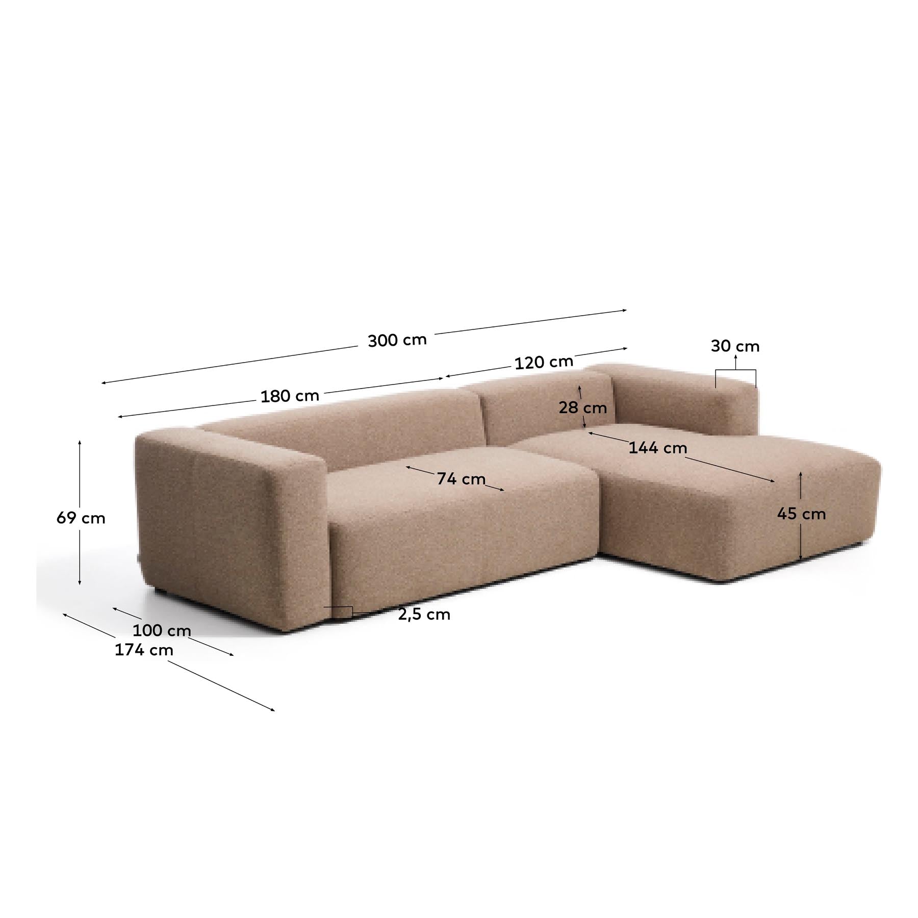3-Sitzer-Sofa Blok mit Chaiselongue rechts in brauner Chenille, 300 cm, FSC Mix Credit in Taupe präsentiert im Onlineshop von KAQTU Design AG. L-Sofa rechts ist von Kave Home