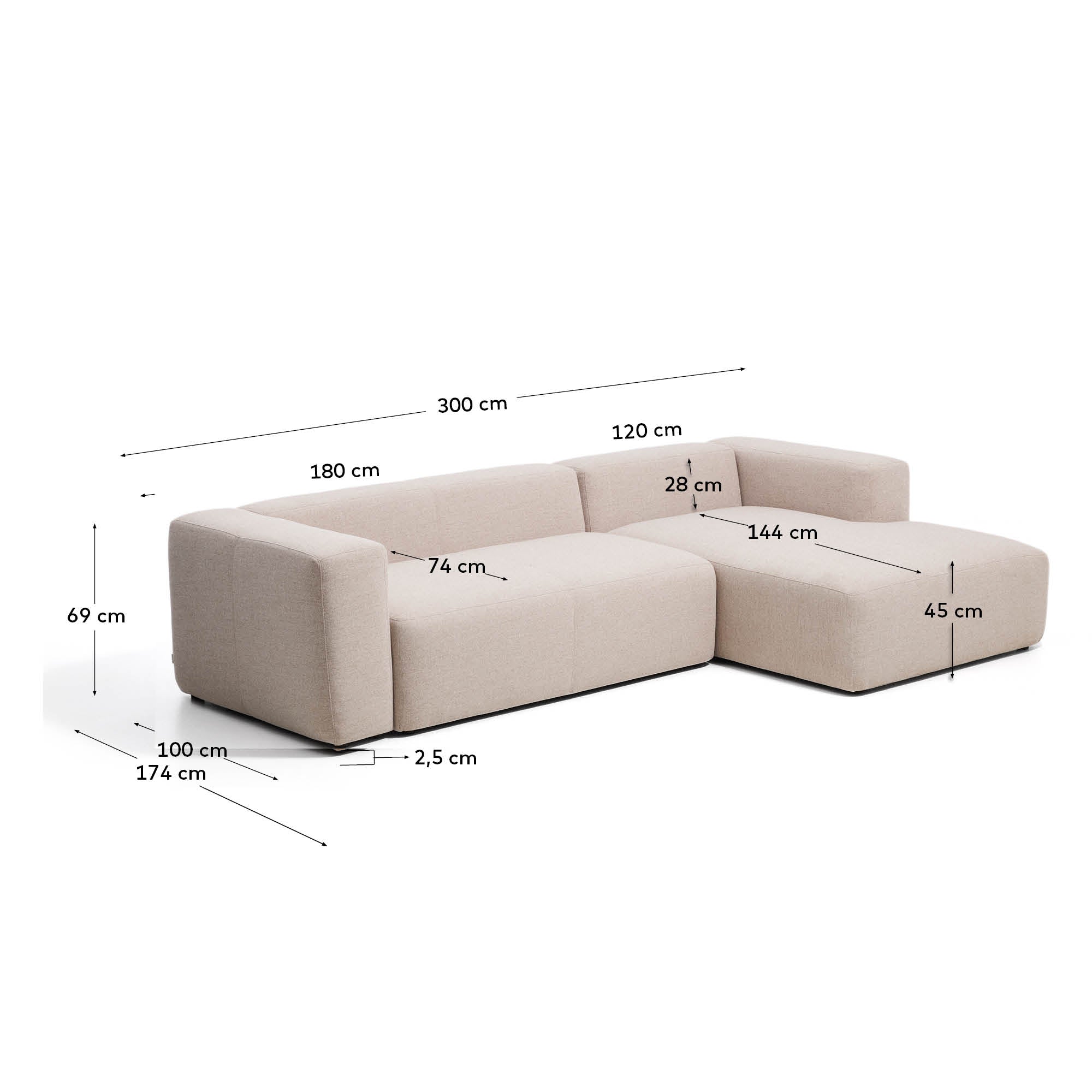 3-Sitzer-Sofa Blok mit Chaiselongue rechts in beiger Chenille, 300 cm, FSC Mix Credit in Beige präsentiert im Onlineshop von KAQTU Design AG. L-Sofa rechts ist von Kave Home