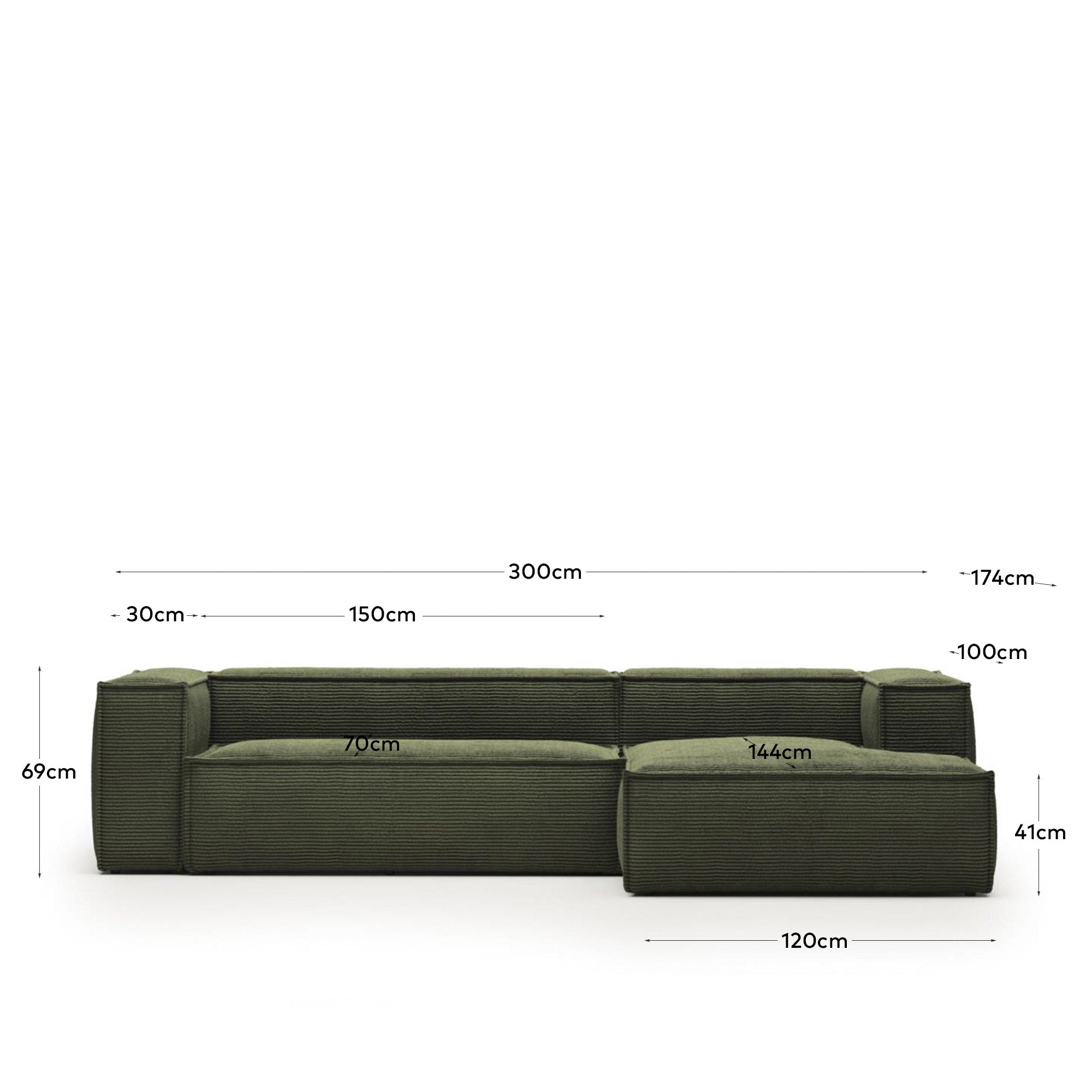 3-Sitzer-Sofa Blok mit Chaiselongue rechts, schwer entflammbar mit dickem, grünen Cord, 300 cm in Grün präsentiert im Onlineshop von KAQTU Design AG. 3er Sofa ist von Kave Home