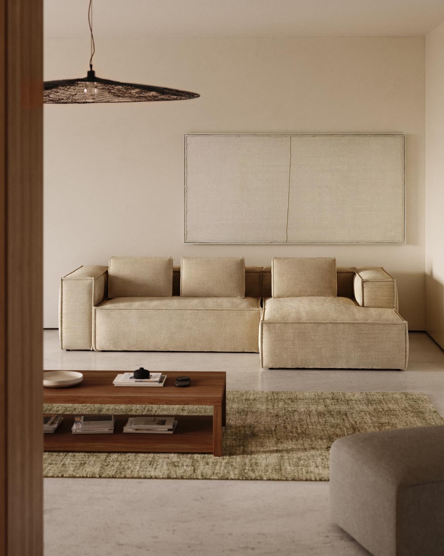 3-Sitzer-Sofa Blok schwer entflammbar mit Chaiselongue rechts und dickem Cord in Ecru 300 cm FSC Mix Credit in Ecru präsentiert im Onlineshop von KAQTU Design AG. Ecksofa ist von Kave Home