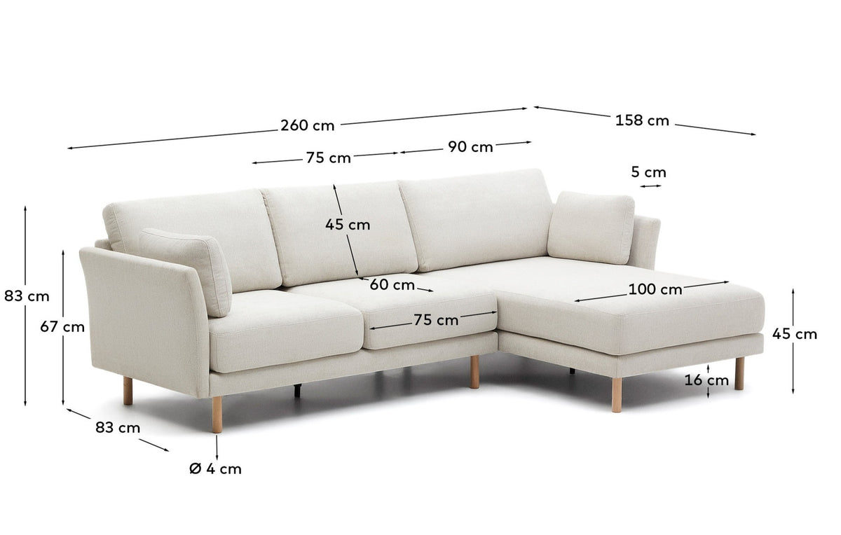 Gilma 3-Sitzer-Sofa Chaiselongue rechts/links Chenille in Perle Beine naturfarben 260 cm in Perle präsentiert im Onlineshop von KAQTU Design AG. L-Sofa links ist von Kave Home