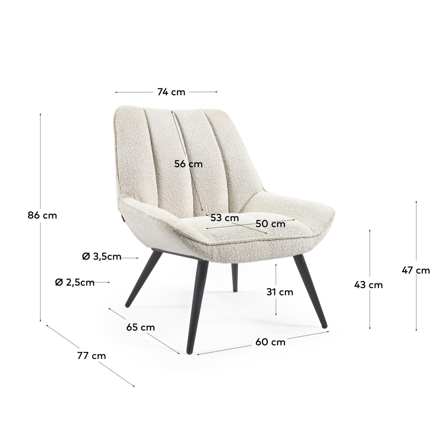 Eleganter Marlina Sessel im Bouclé-Stil in strahlendem Weiß, kombiniert mit stabilen Stahlbeinen in Schwarz – ideal für stilvolle Entspannung.