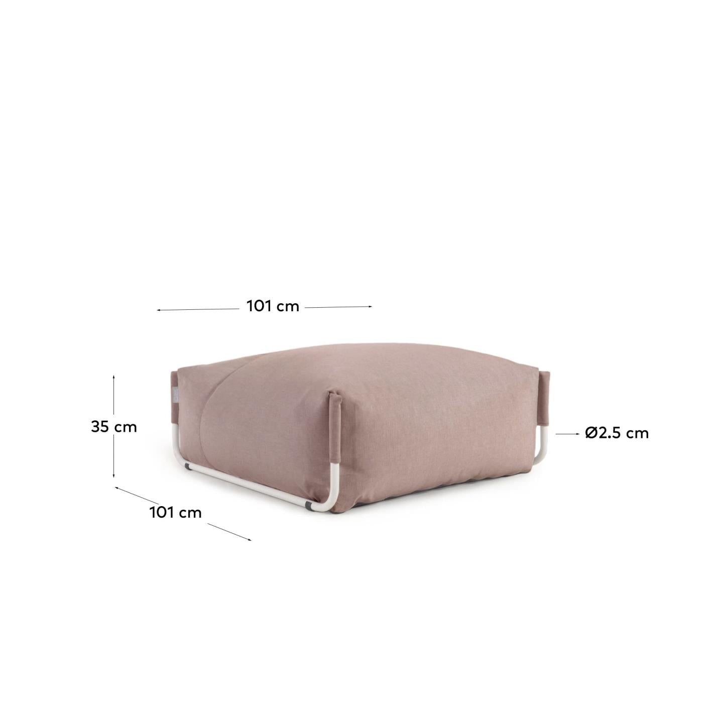 Erlebe den Square Pouf von Kave Home: 101 x 101 cm, robustes Aluminium und pflegeleichter Stoff in Terrakotta, ideal für deinen Outdoor-Bereich.