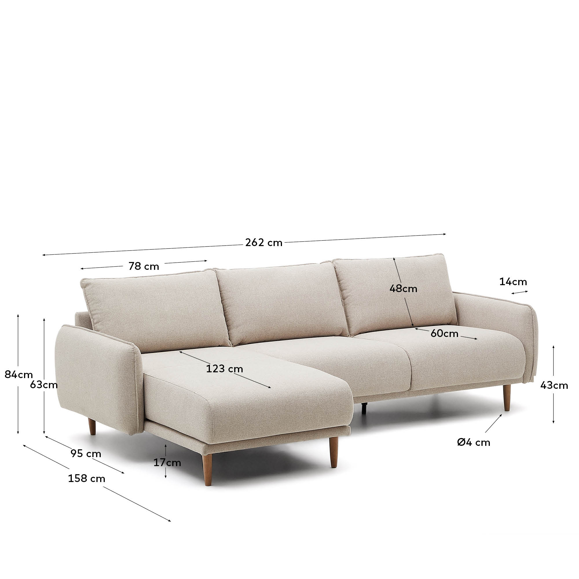 Beige Carlota 3-Sitzer-Sofa mit flexibler Chaiselongue. Perfekt für nachhaltige Wohnräume und stilvolle Entspannung.