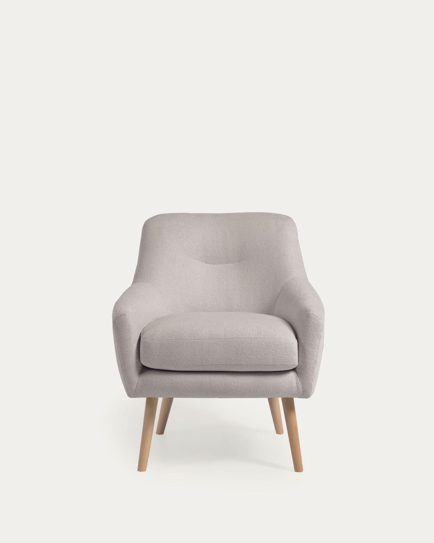 Stylischer Candela Sessel in Grau, gefertigt aus hochwertigem Mikro-Bouclé. Perfekt für dein Zuhause, vereint er Komfort und nachhaltige Materialien.