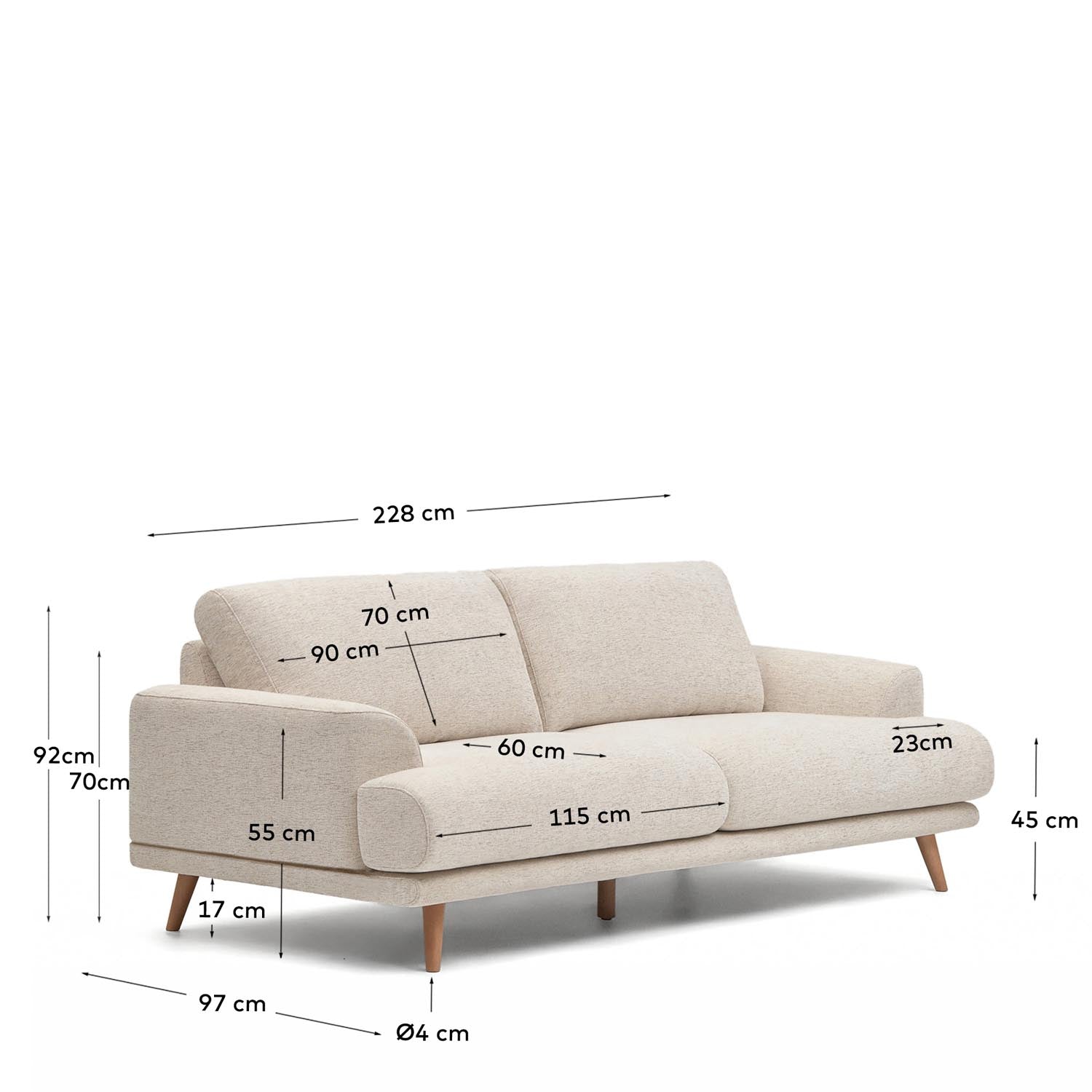 Entdecken Sie das elegante 3-Sitzer-Sofa Karin in Beige von Kave Home. Mit robusten Buchenholzbeinen und pflegeleichtem, fleckabweisendem Stoff bietet es höchsten Komfort und Stil.