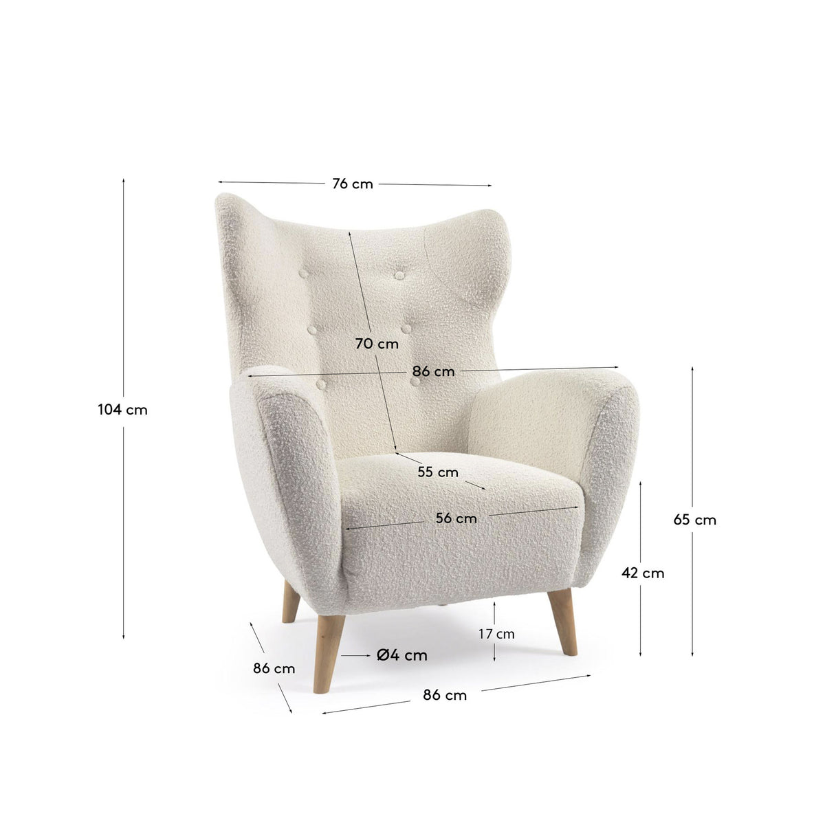 Patio Sessel mit Bouclé-Polsterung in Weiss und Beinen aus massivem Buchenholz natur FSC Mix Credit in Weiss präsentiert im Onlineshop von KAQTU Design AG. Sessel ist von Kave Home
