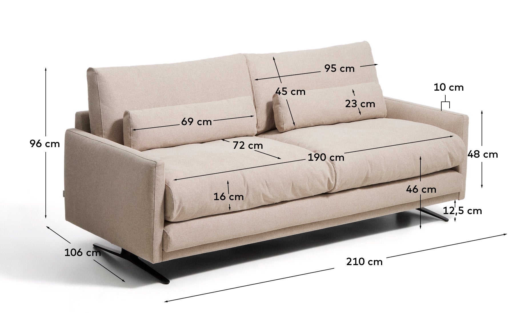 2-Sitzer-Sofa Veliro, schwer entflammbar, in Beige mit Stahlbeinen mit schwarzem Finish, 210 cm, FSC Mix Credit in Beige präsentiert im Onlineshop von KAQTU Design AG. 2er Sofa ist von Kave Home