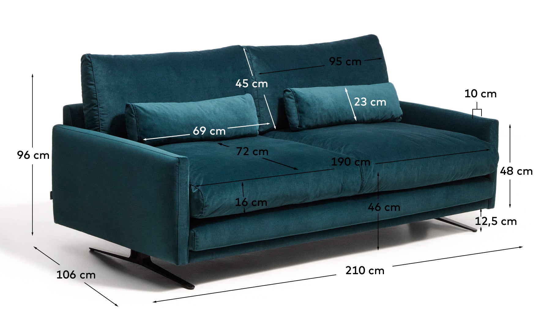 2-Sitzer-Sofa Veliro, schwer entflammbar, mit Samt in dunklem Türkis und Stahlbeinen mit schwarzem Finish, 210 cm, FSC Mix Credit in Grün präsentiert im Onlineshop von KAQTU Design AG. 2er Sofa ist von Kave Home