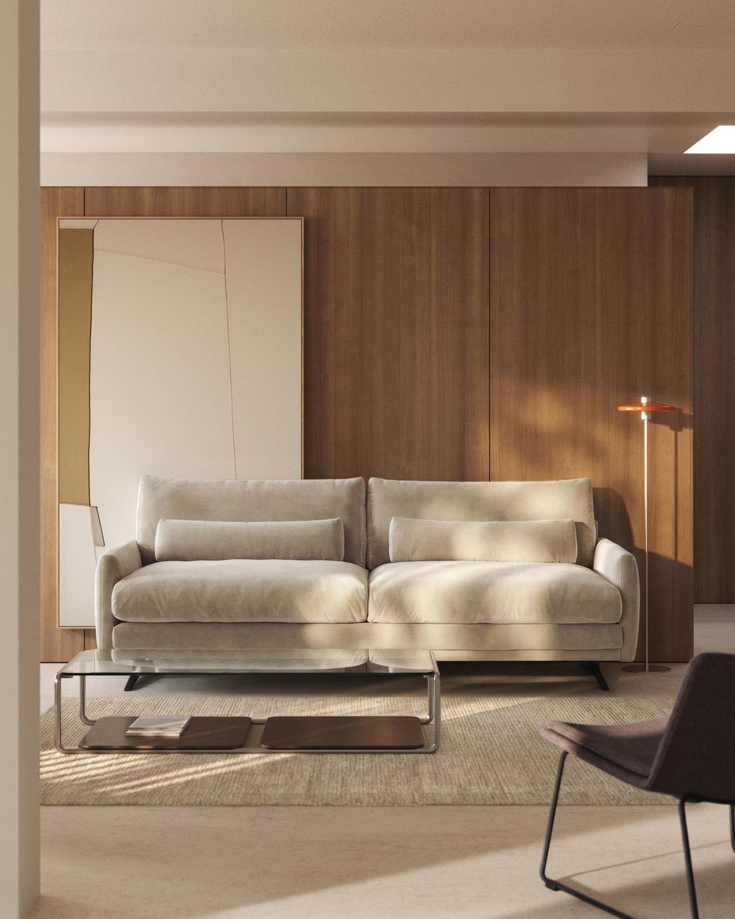 2-Sitzer-Sofa Veliro, schwer entflammbar, mit perlweissem Samt und Stahlbeinen mit schwarzem Finish, 210 cm, FSC Mix Credit in Perle präsentiert im Onlineshop von KAQTU Design AG. 2er Sofa ist von Kave Home