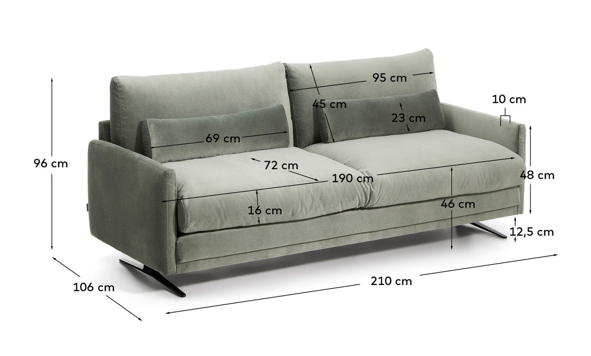 2-Sitzer-Sofa Veliro aus grünem Samt mit Stahlbeinen in schwarzer Ausführung, 210 cm FSC M in Grün präsentiert im Onlineshop von KAQTU Design AG. 2er Sofa ist von Kave Home