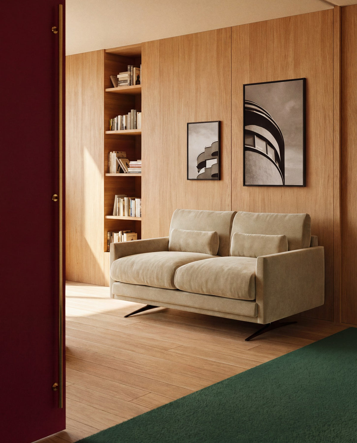 2-Sitzer-Sofa Veliro von Kave Home aus perlfarbenem Samt mit gepolsterter Sitzfläche und schwarzen Stahlbeinen, Breite 180 cm.