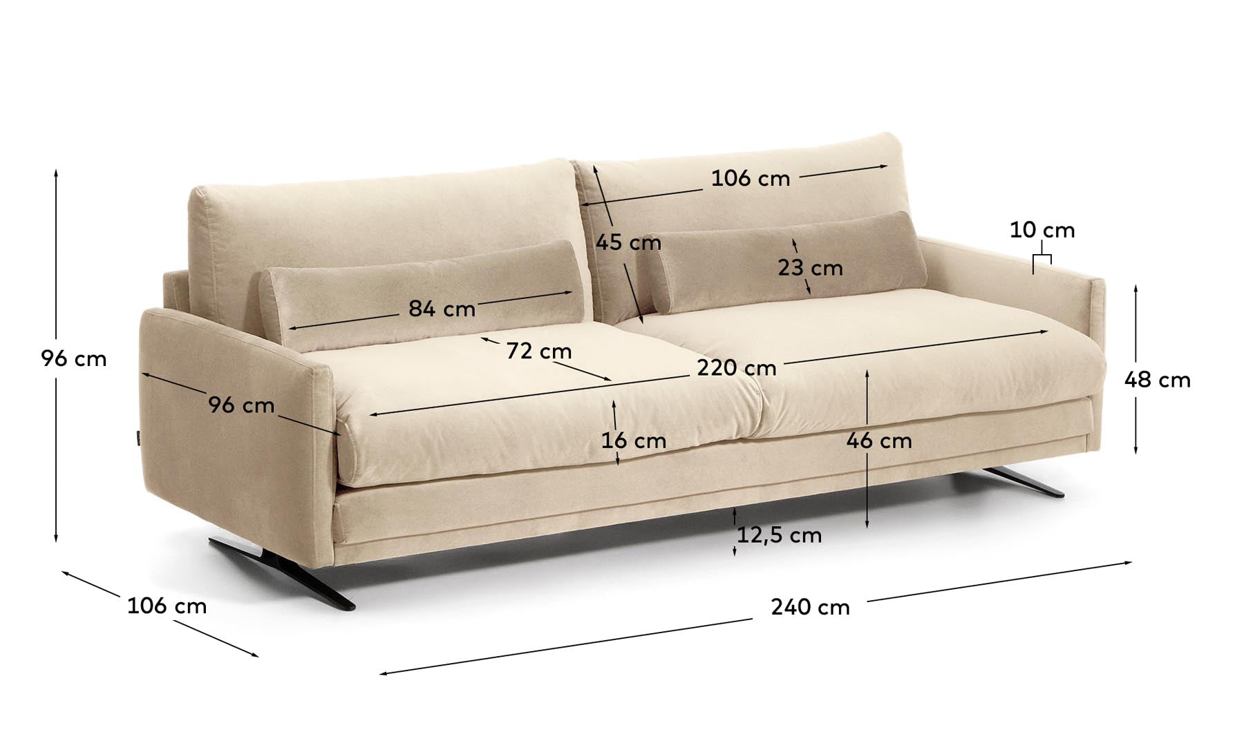 3-Sitzer-Sofa Veliro, schwer entflammbar, mit perlweissem Samt und Stahlbeinen mit schwarzem Finish, 240 cm, FSC Mix Credit in Perle präsentiert im Onlineshop von KAQTU Design AG. 3er Sofa ist von Kave Home
