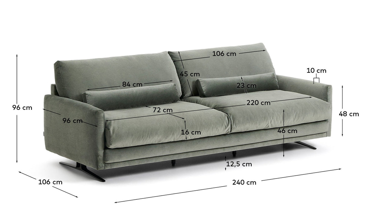 3-Sitzer-Sofa Veliro aus grünem Samt mit Stahlbeinen in schwarzer Ausführung, 240 cm, FSC in Grün präsentiert im Onlineshop von KAQTU Design AG. 3er Sofa ist von Kave Home