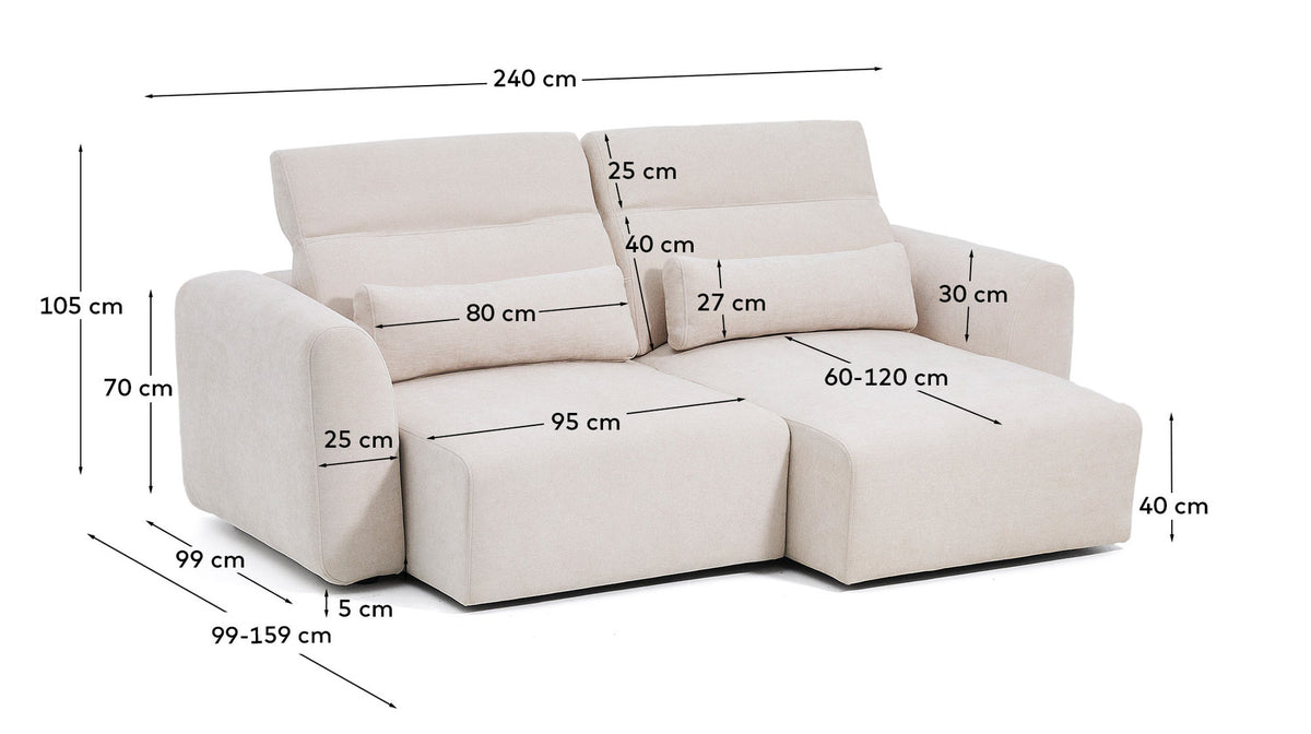 3-Sitzer-Sofa Lares mit elektrisch ausfahrbaren Sitzen und verstellbarer Kopfstütze in beiger Chenille, 240 cm in Beige präsentiert im Onlineshop von KAQTU Design AG. 3er Sofa ist von Kave Home