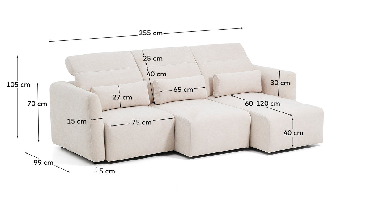 3-Sitzer-Sofa Lares mit elektrisch ausfahrbaren Sitzen und verstellbarer Kopfstütze in beiger Chenille, 255 cm in Beige präsentiert im Onlineshop von KAQTU Design AG. 3er Sofa ist von Kave Home