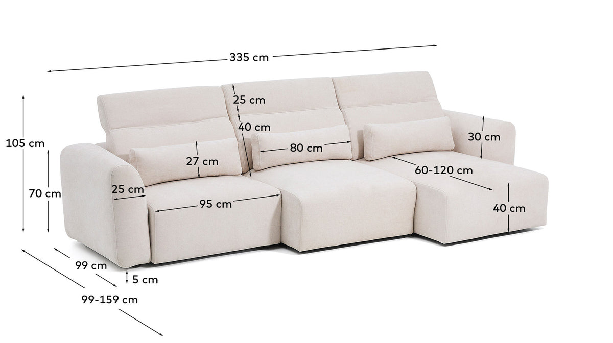 5-Sitzer-Sofa Lares mit elektrisch ausfahrbaren Sitzen und verstellbarer Kopfstütze in beiger Chenille, 335 cm in Beige präsentiert im Onlineshop von KAQTU Design AG. 5er Sofa ist von Kave Home
