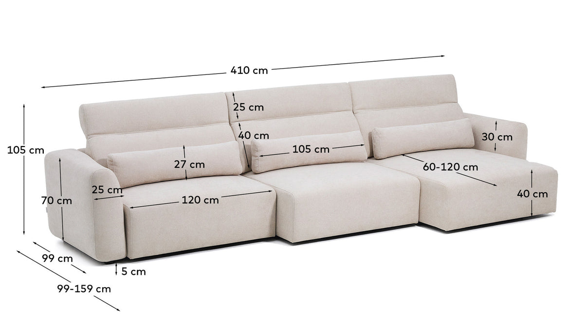 6-Sitzer-Sofa Lares mit elektrisch ausfahrbaren Sitzen und verstellbarer Kopfstütze in beiger Chenille, 410 cm in Beige präsentiert im Onlineshop von KAQTU Design AG. 5er Sofa ist von Kave Home