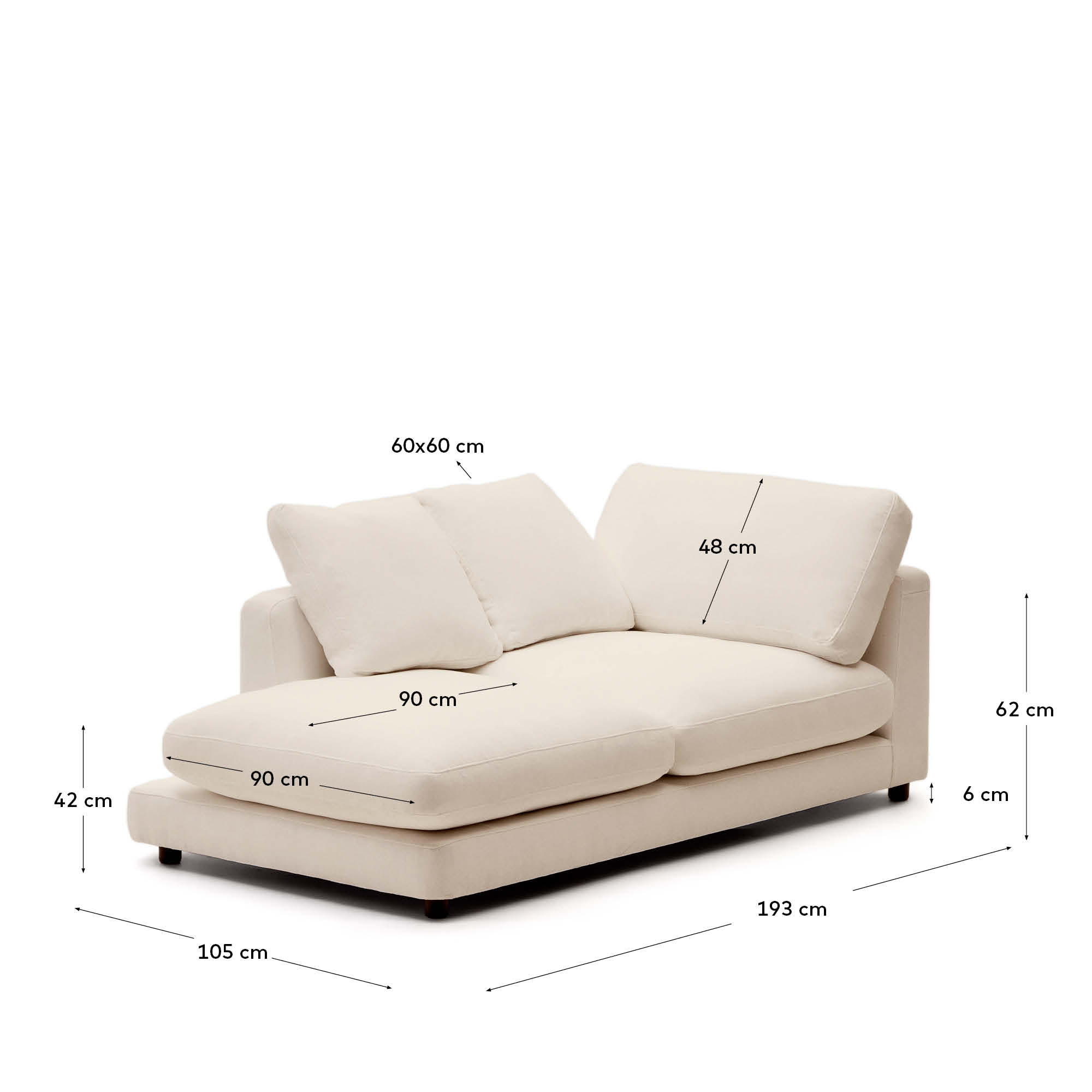 Genießen Sie die Chaiselongue Gala in elegantem Beige von Kave Home. Mit großzügigen 193 x 105 cm vereint sie Stil, Komfort und modulare Flexibilität.