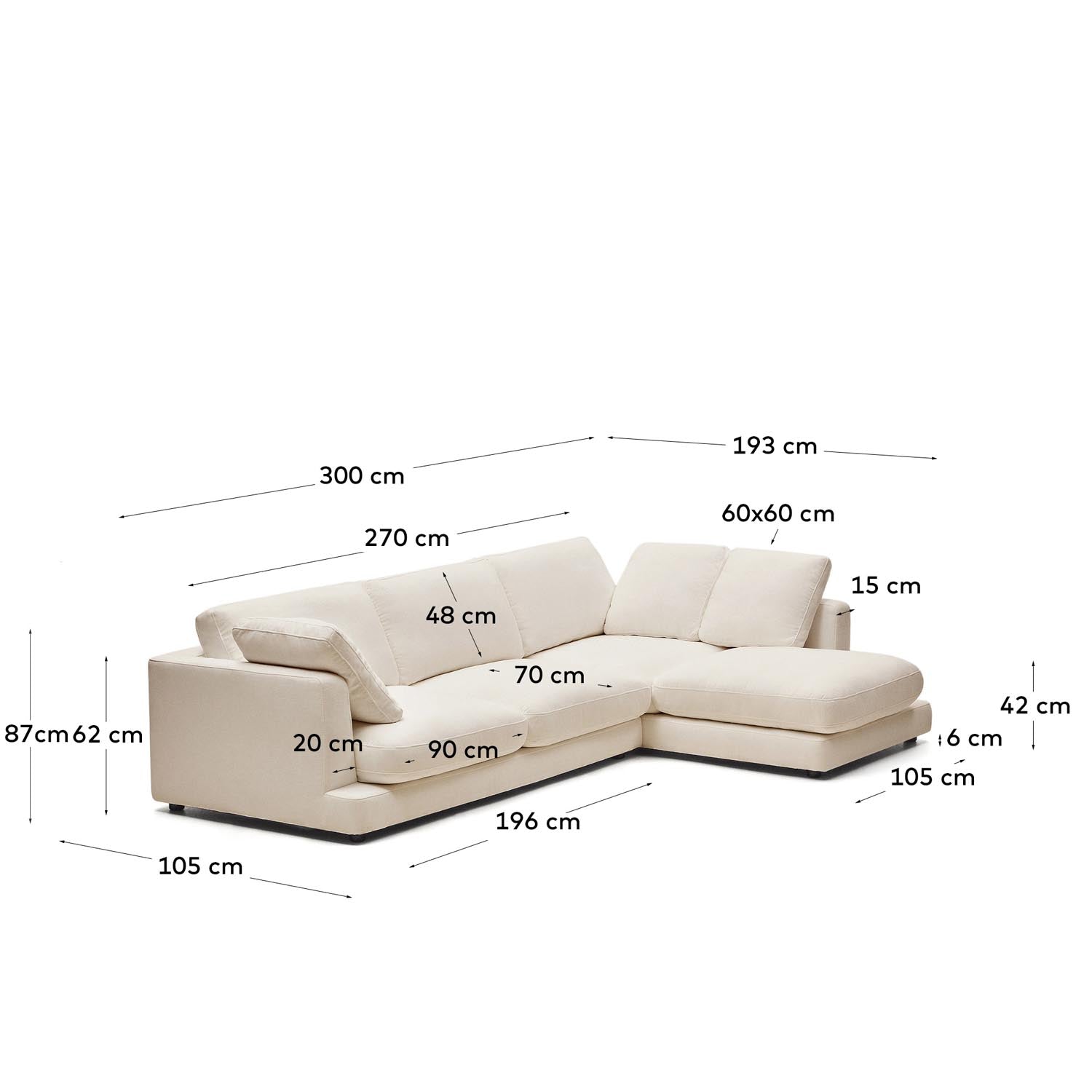 Entdecke das Gala 4-Sitzer-Sofa in beiger Chenille mit Chaiselongue rechts. Mit 300 cm bietet es viel Platz und vereint Stil und Funktionalität für dein Wohnzimmer.